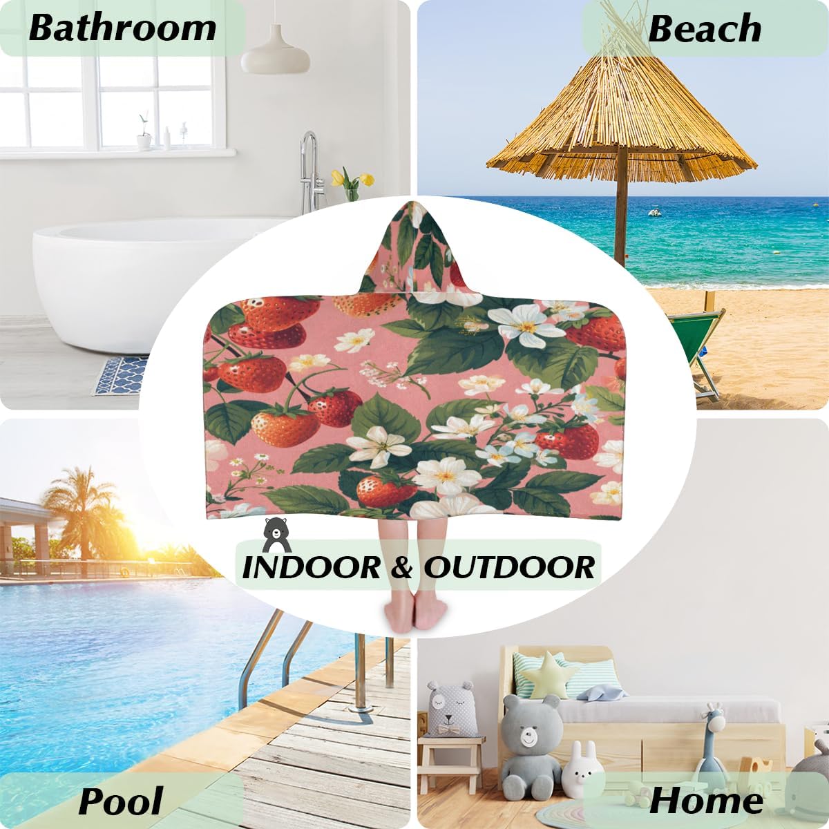 Pardick Kids Bath Towel Flower Strawberry Beach Towel with Hood Pool Cover Up for Girls Boys Soft Absorbent Hooded Bath Towel Toddler Towels for Beach, Pool