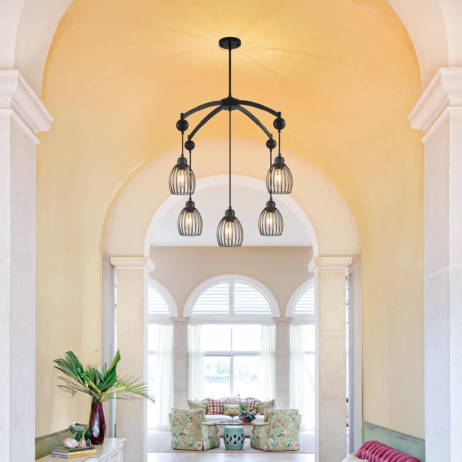 Dining Room Light Fixture/Chandelier Over Table,5-Light Kitchen Island Lighting, Hanging for Farmhouse Linear Chandeliers Matte Black Rustic Ceiling Pendant Lights for Living Room, Bedroom, Foyer