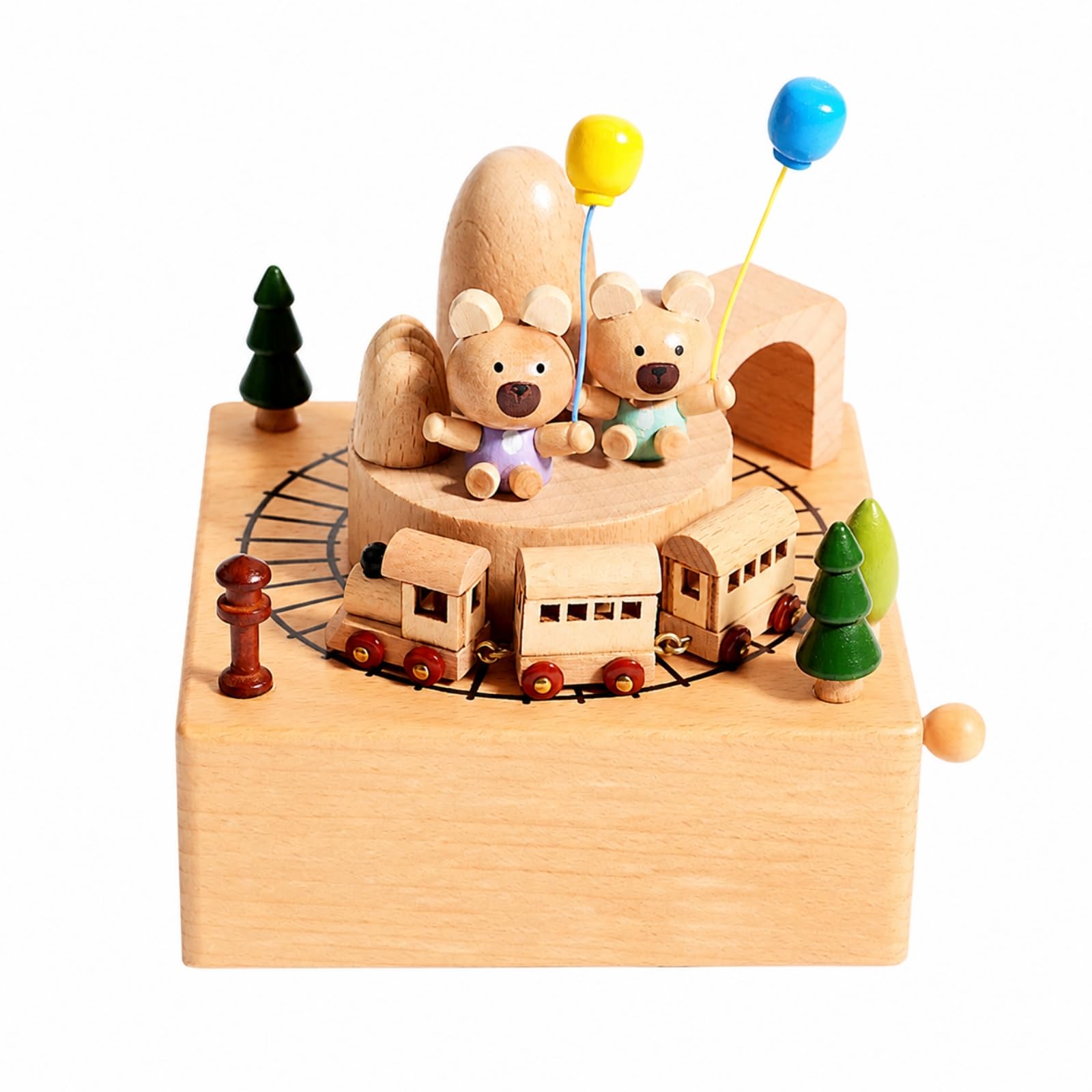 Carillon con Figure in Legno di Faggio per Bambini con Manovella E Piattaforma Rotante per Controllare Il Regalo Adatto per Camerette E Studi, Palloncino Orso