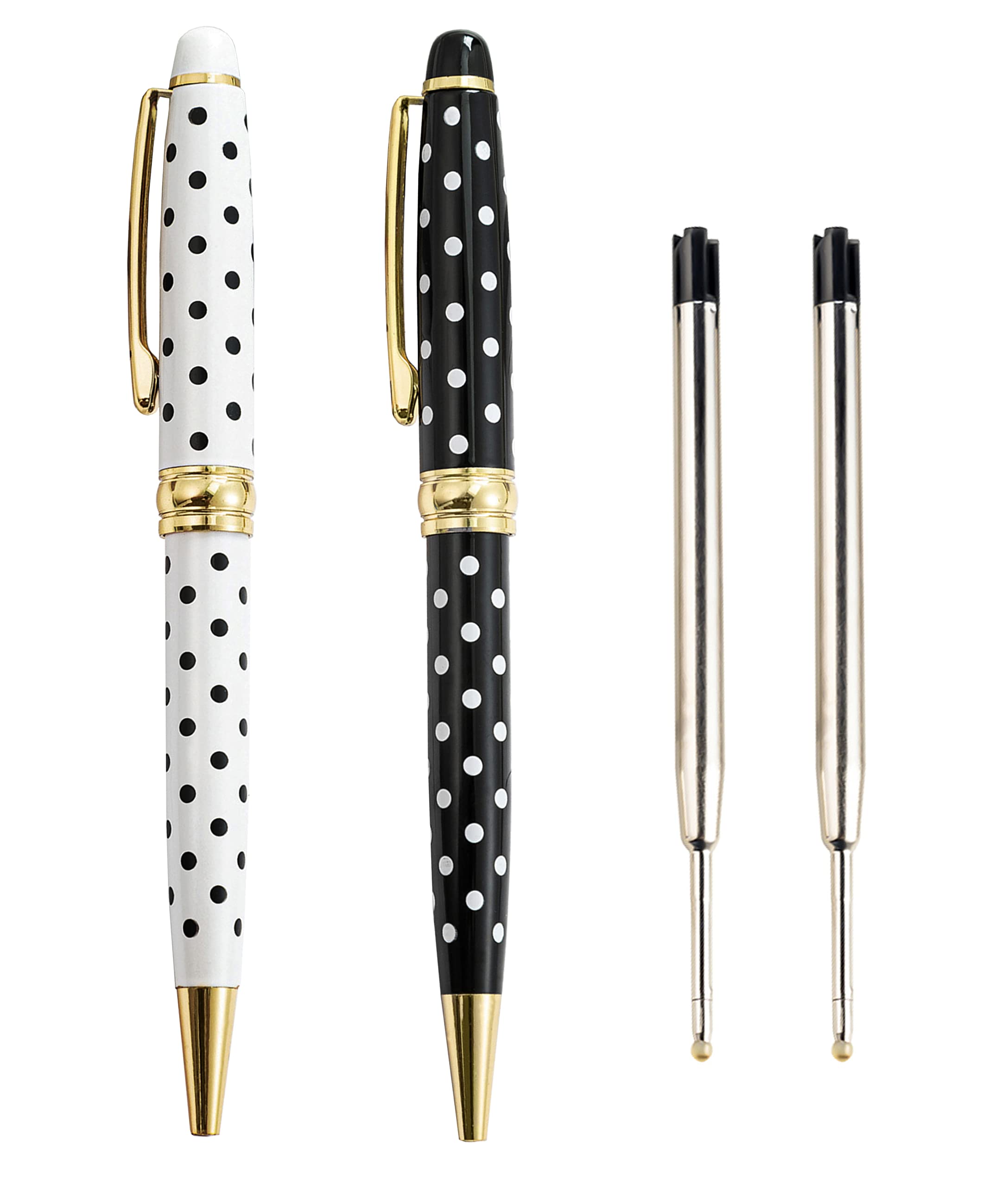 HEER Metal Ballpoint Pens, 2 Pcs Twist Action 1mm Quick Dry Black Ink Pens, Colorful and Cute Polka Dot Fashion Pens for Women,Pretty Fun Pens that Write Smoothly (2-count Pen + 2Refills)