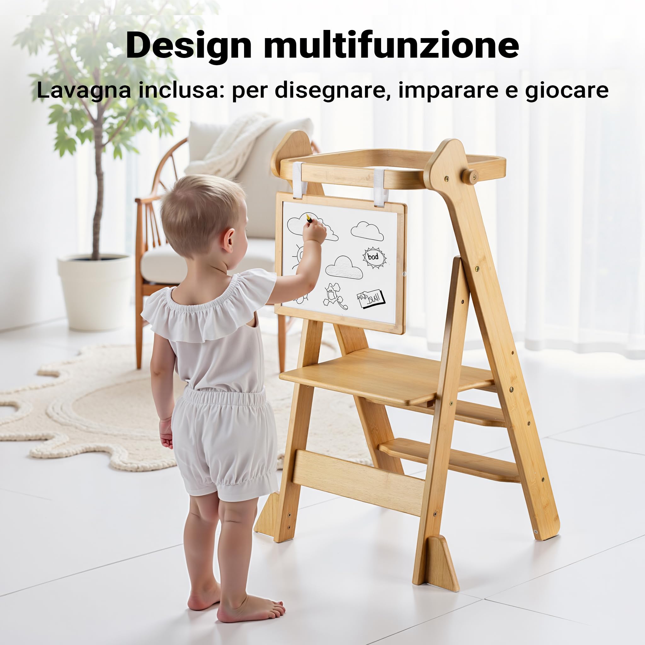 Wiltec Torre di apprendimento pieghevole per bambini 43 x 48 x 91 cm in bambù, torre montessoriana regolabile in altezza per bambini, sgabello per bambini con barra di protezione