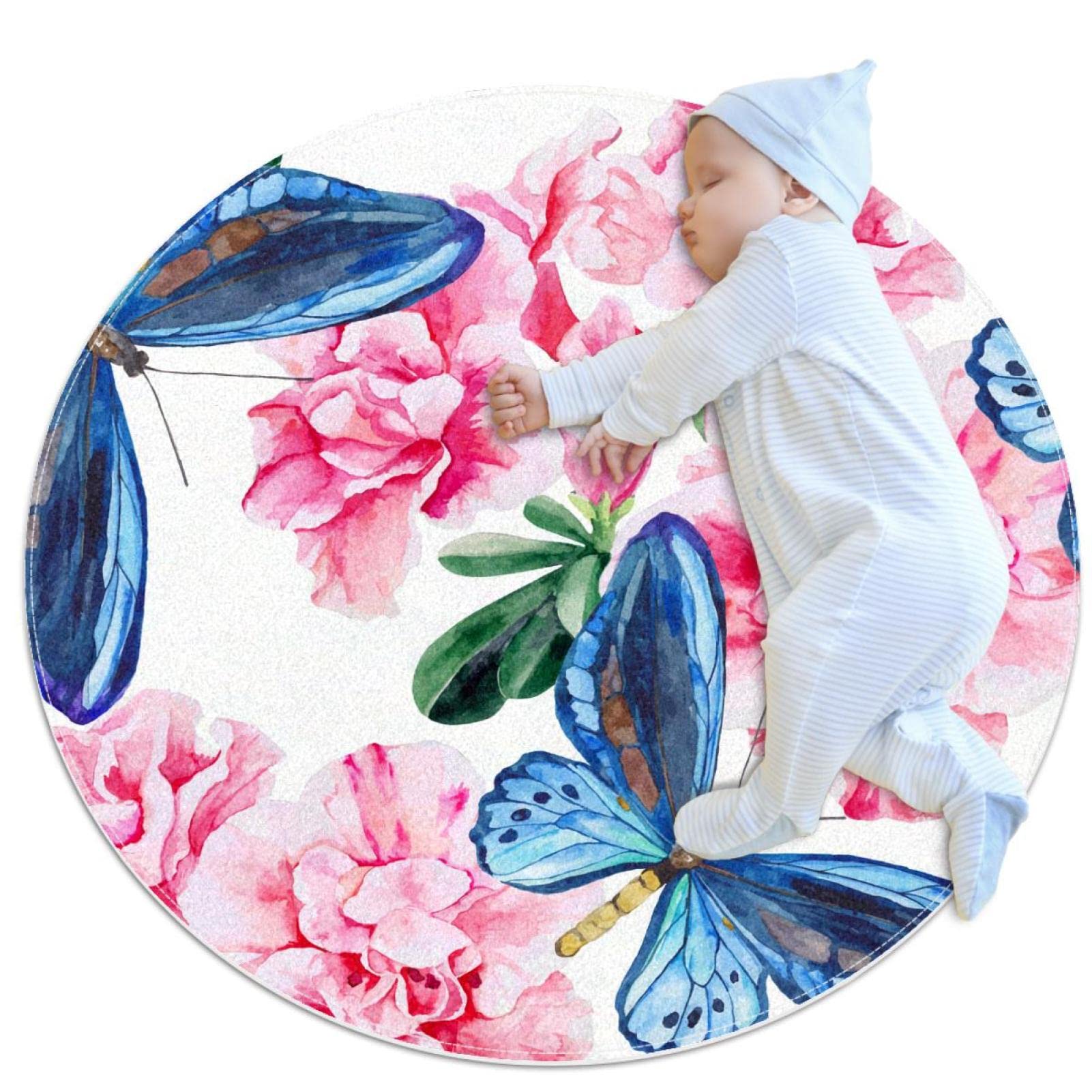 Tapis rond 80x80cm papillon rose et fleurs avec surface moderne antidérapante