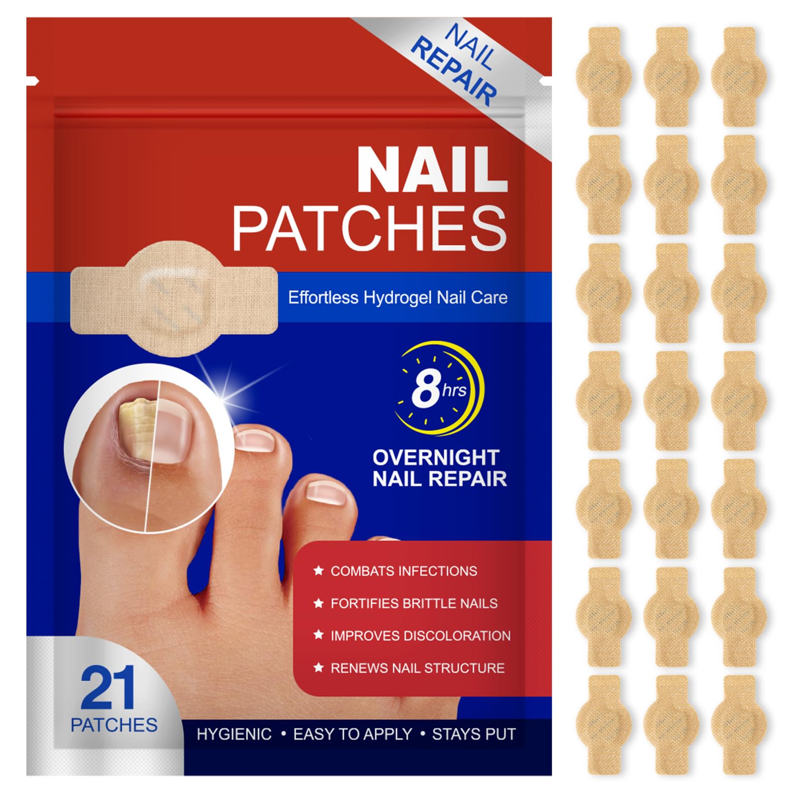 Nail Repair Patches 21Pcs, Toenail & Fingernail Care Patches, 8-Hour Overnight Hydrogel Adhesive Wrap for Dry Brittle or Cracked Nails 1 Count (Pack of 21)