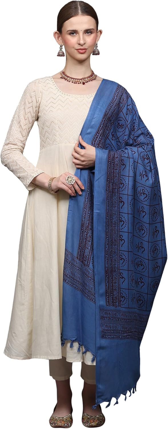 Exotic India Blue Hindu Prayer Shawl with Printed Om