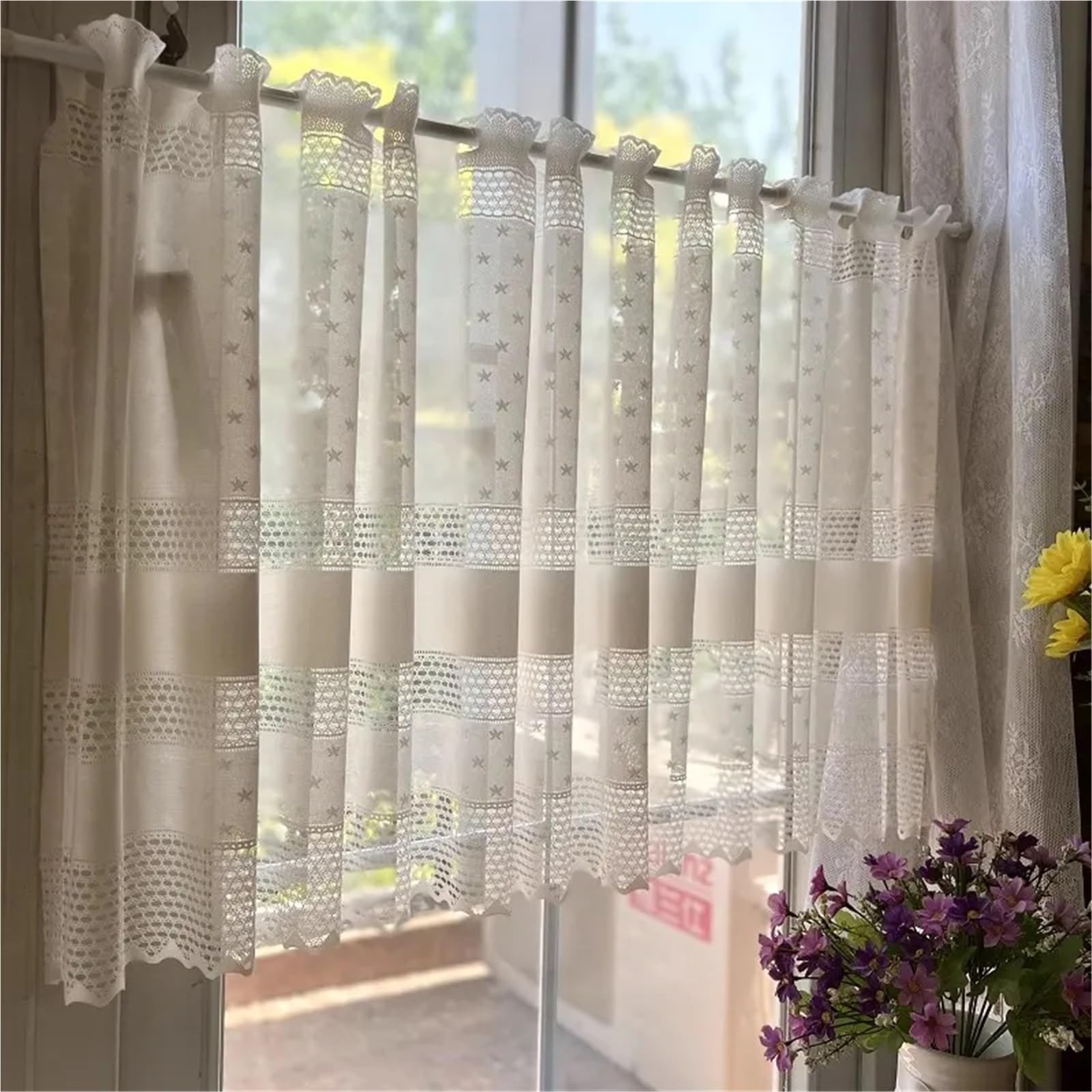 Tende Per Finestre Piccole Tenda da cucina corta beige in tulle for finestra, in pizzo traforato, mezza tenda caffè trasparente for copri-armadietto del soggiorno(W300cm x H60cm)