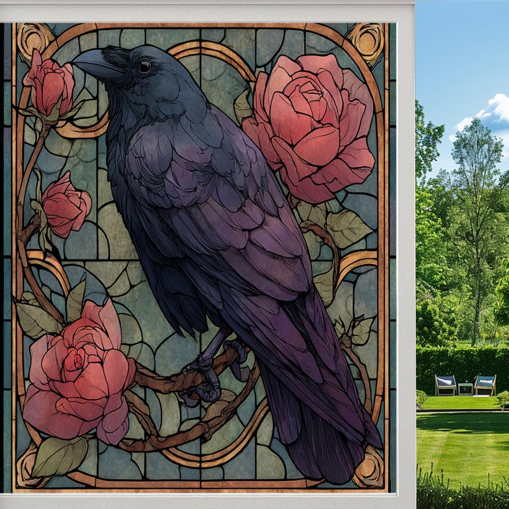 Dark Rose Crow Frosted Window Film, Gothic Style Floral Raven Stained Glass Privacy Film, Heat Insulation Self-Adhesive Vinyl for Bathroom Office,（45x100cm）