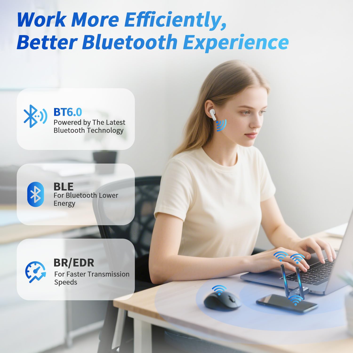 Long Range USB Bluetooth 6.0 Adapter for PC, Built-in PA Enhanced 5dBi High Gain Wireless Dongle w/Dual Antennas, Supports Windows 11/10/8.1/7 Laptop Desktop, NOT For TV, Mac, Car Stereo — view 6