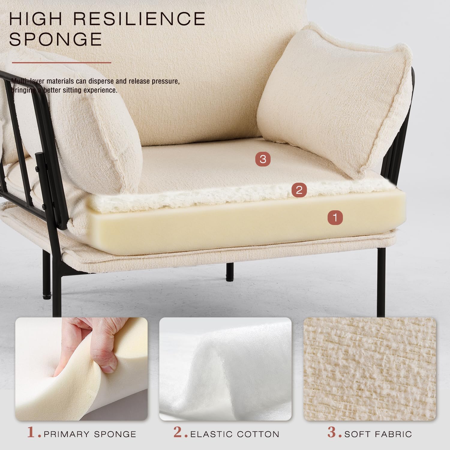 Bouclé Loungesessel mit Metallbeinen – gepolsterter Akzentstuhl als Lesesessel, Wohnzimmerstuhl, Schlafzimmerstuhl & Balkonstuhl, moderner Polstersessel für Entspannung (Creme, 1 Stück)