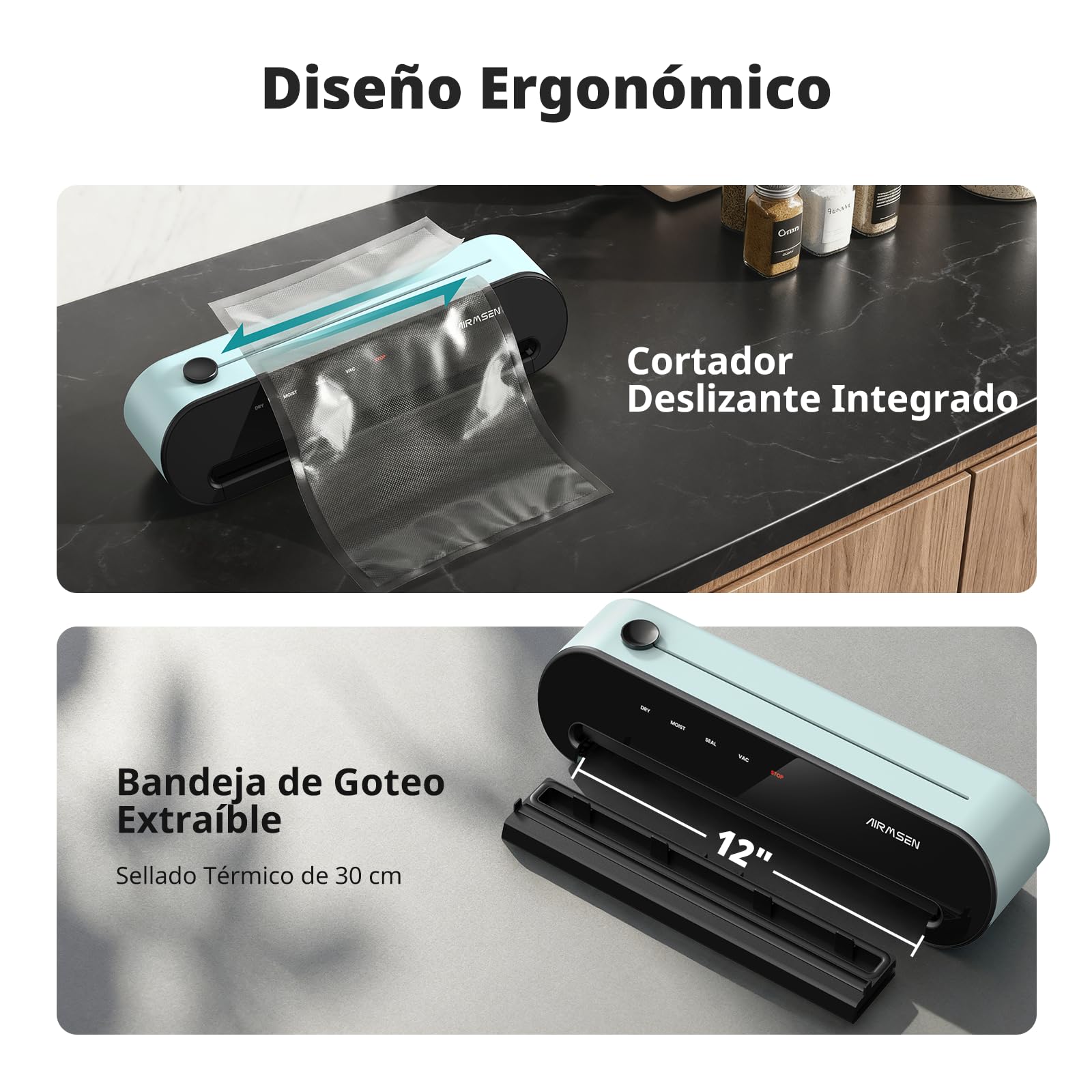 AIRMSEN Envasadora al Vacío 6 en 1 Totalmente Automática con Función de Inflado, Succión Profunda Profesional de Una Mano, Cortador Integrado y Soporte para Tubo, Incluye Bolsas, Verde