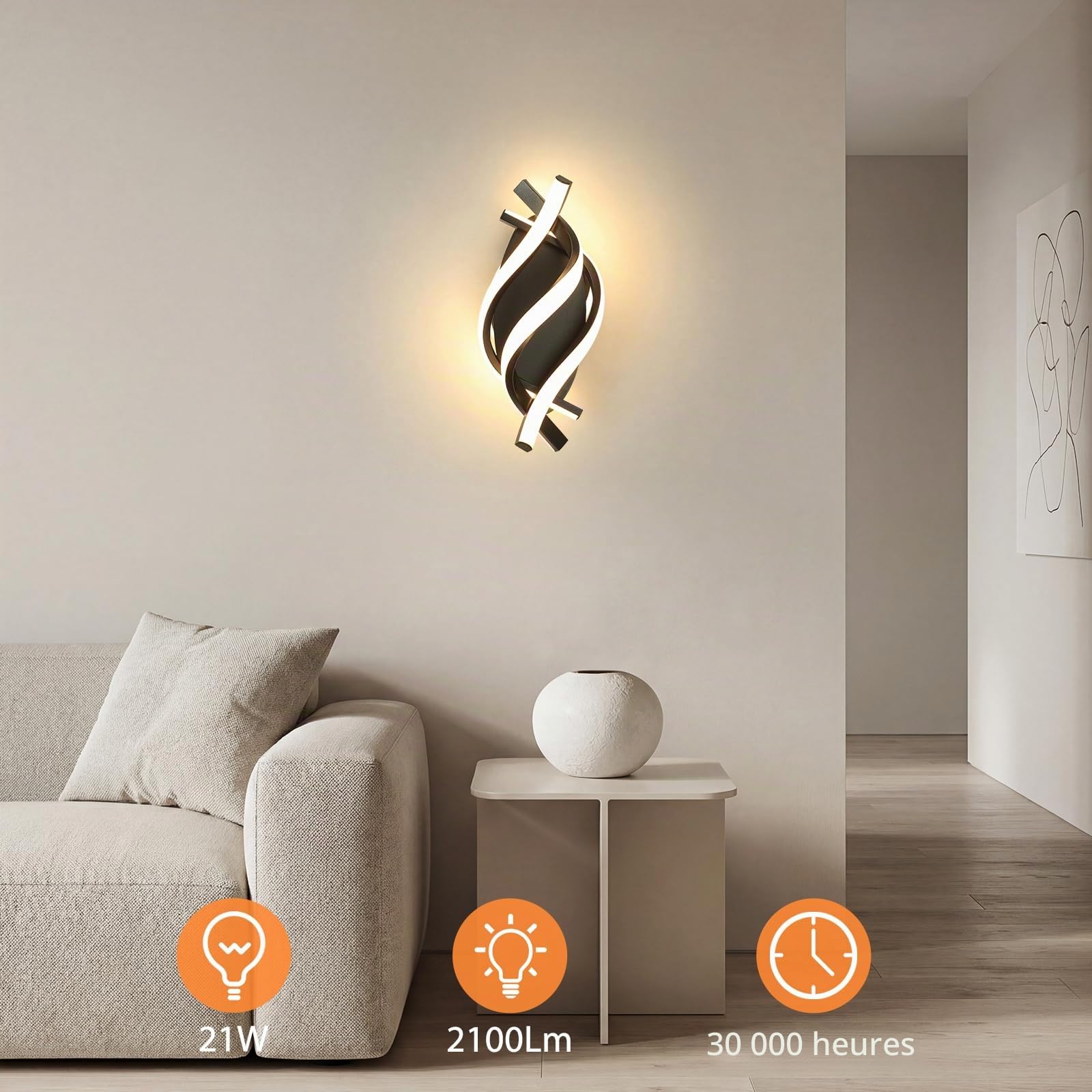 Applique Murale Intérieure Moderne 21W, 3000K LED Lampe Murale 2100lm CRI≥80, Éclairage Mural pour Salon, Chambre, Couloir, Escaliers et Lampe de Chevet Noir