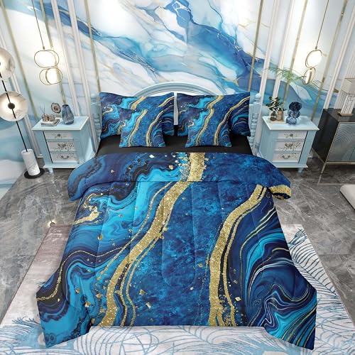 Erosebridal Blue Marble King 7-Piece Bedding Set for Women Men - Modern Chic Geo