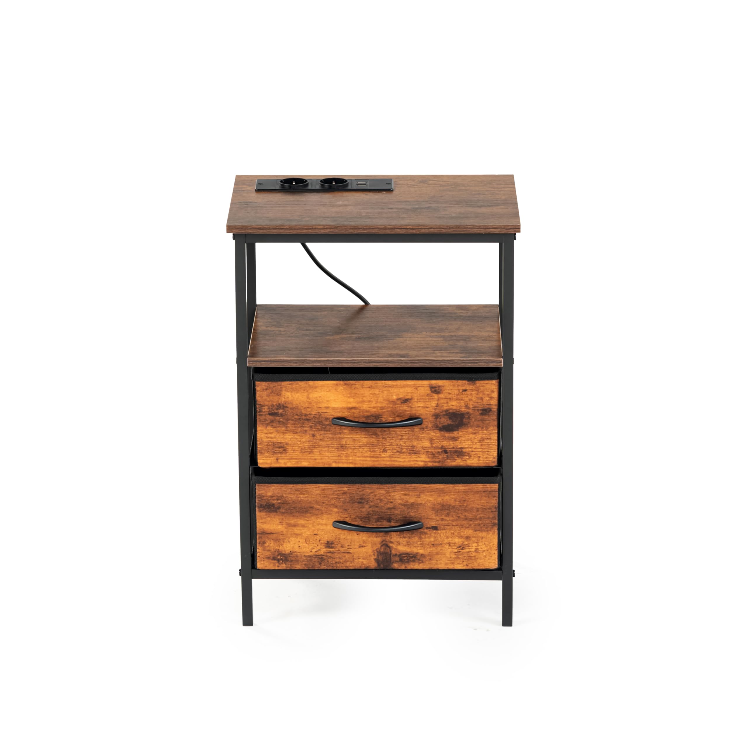 FurnitureR 2PCS Guéridons de Salon, Table D'appoint avec Multi-Coloured LED, 2 AC Sockets, 2 USB Ports of Drawers, 2 Tiroirs en Tissu, Style Industriel Rétro Marron, 40 x 30 x 60cm