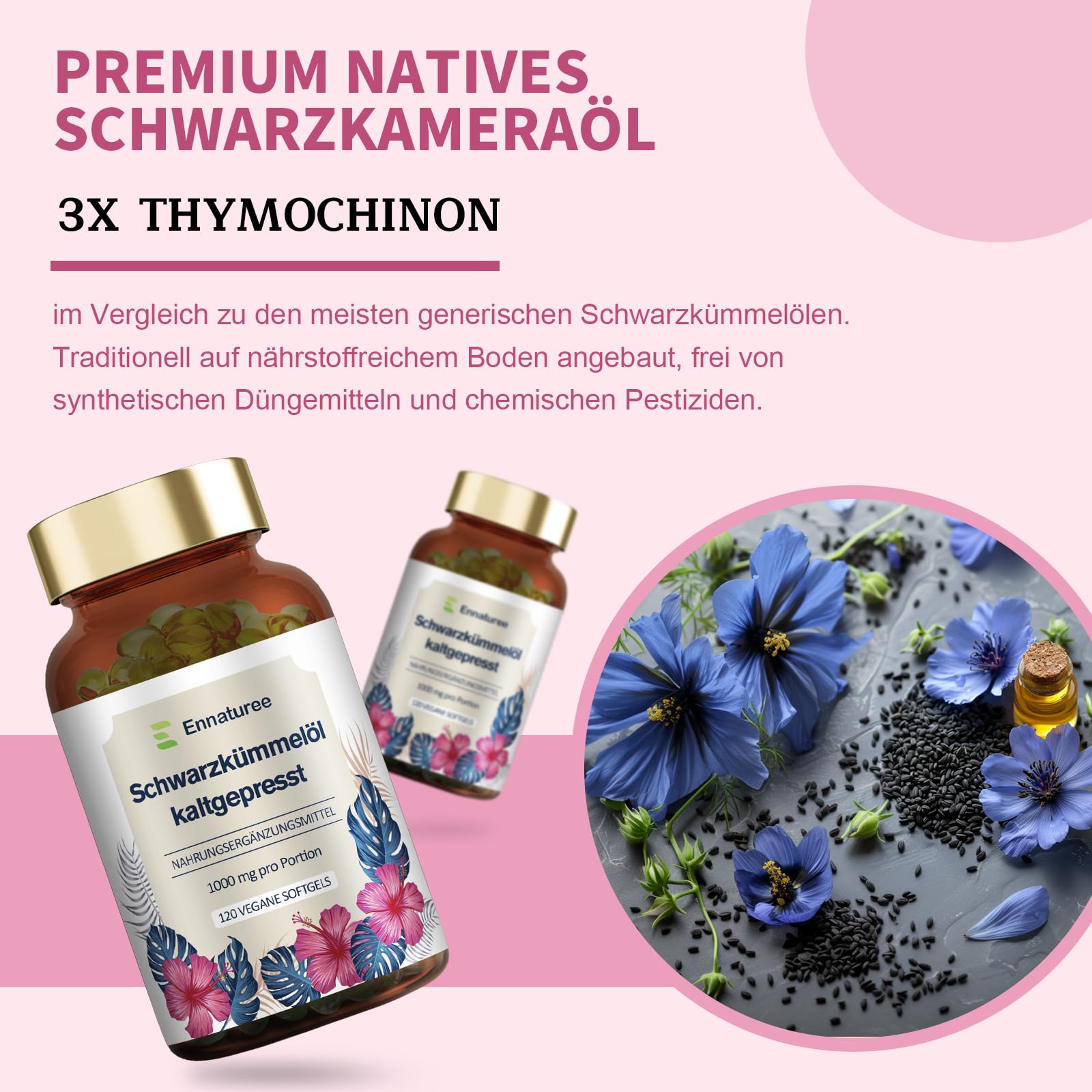 Schwarzkümmelöl Kapseln mit Vitamin E Naturbelassen und Kaltgepresst Schwarzkümmelöl 1000mg pro Tagesdosis Hochdosiert Vegan 120 Kapseln Deutsche Premium Qualität