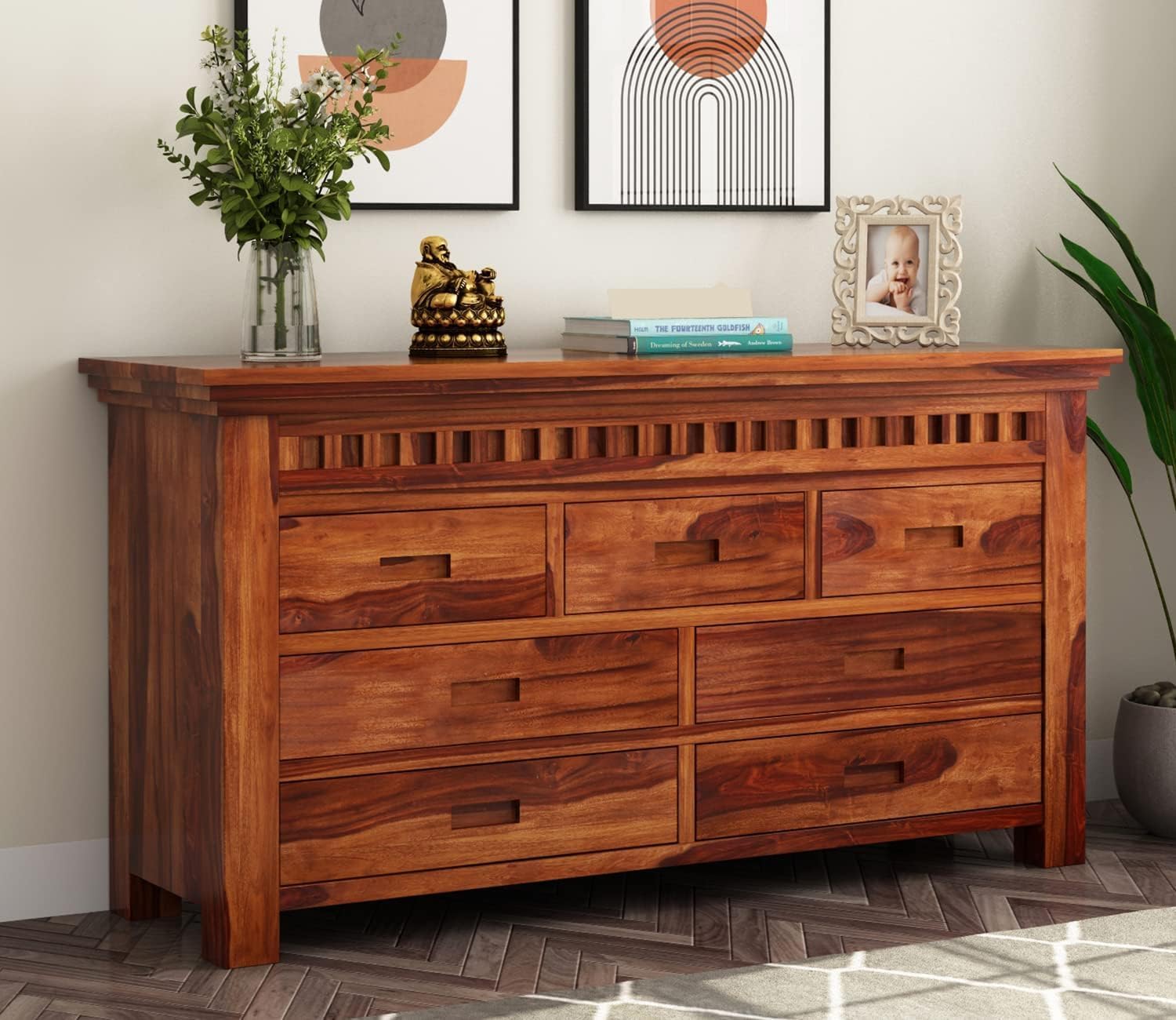 Solid Sheesham Wood Chest of 7 Drawers | Wooden Storage Cabinet for Bedroom & Living Room | Handcrafted Dresser Unit with Natural Grain – Honey Finish Preassembled Furniture-image-7