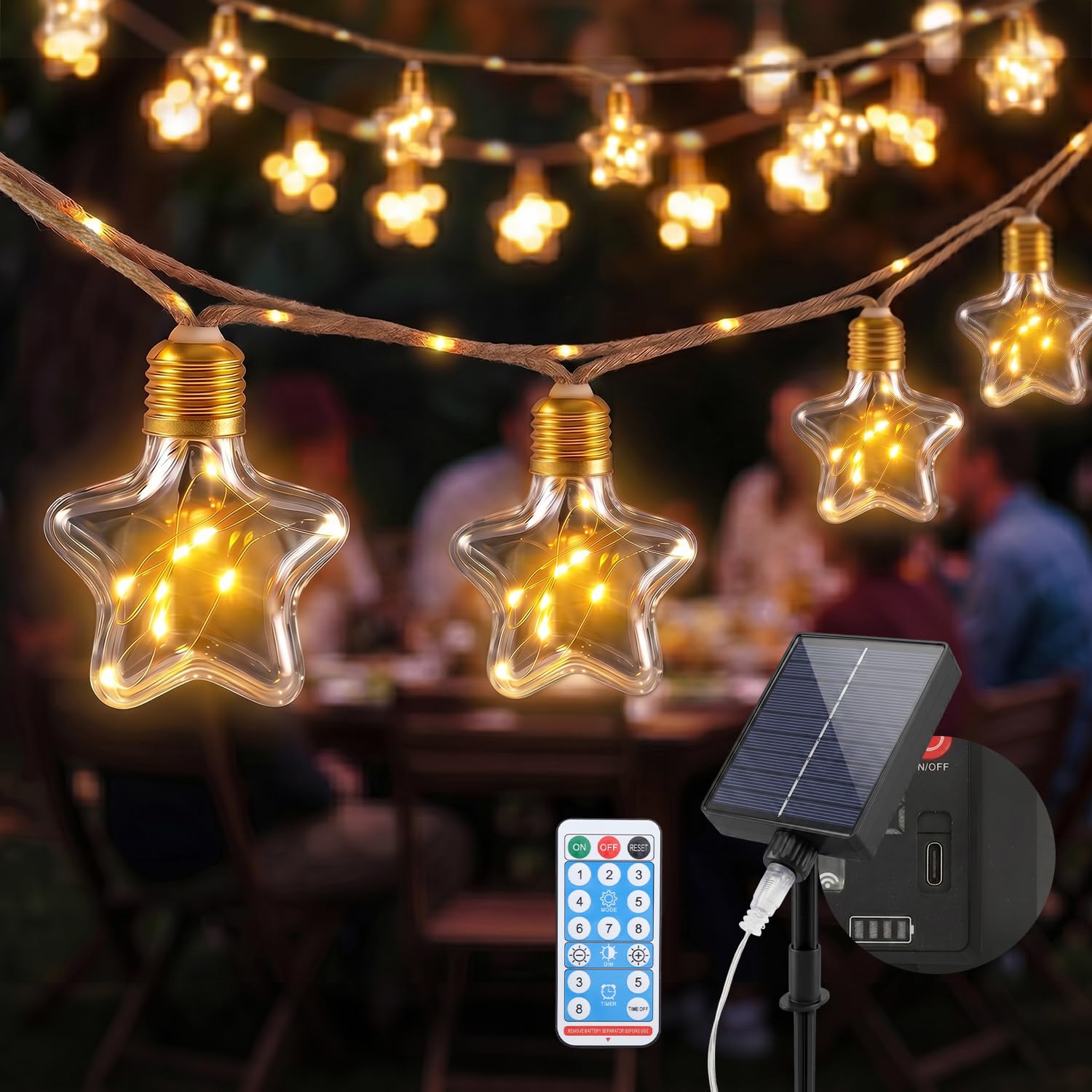 Cuerda de luces solares impermeables de 5 metros con 8 modos de iluminación exterior 8