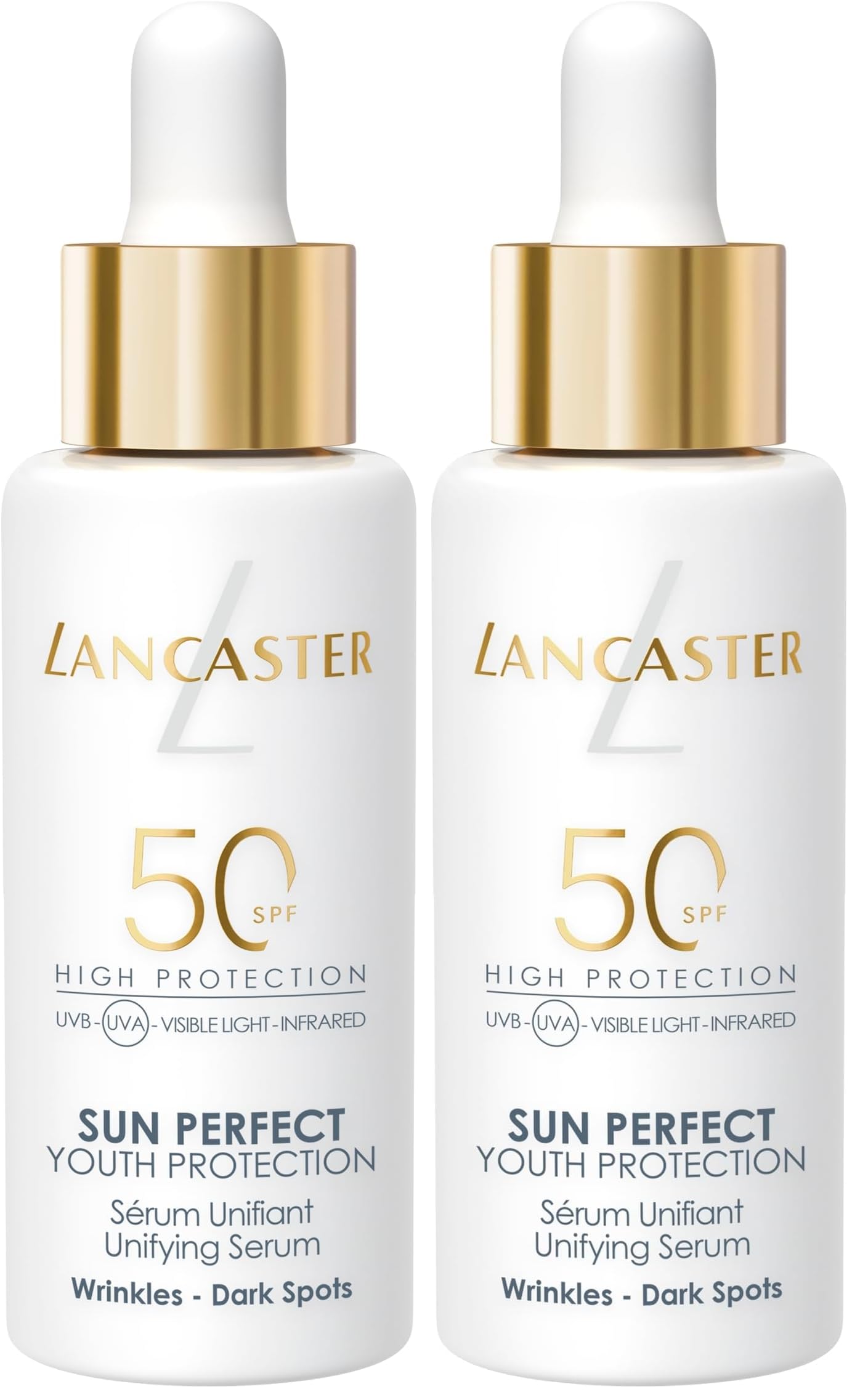 LANCASTER Sun Perfect Unifying Serum SPF50 Sunscreen – Con sistema de reparación solar y complejo potenciador de luminosidad – Tecnología Full LightTM para una protección solar total (Paquete de 2)