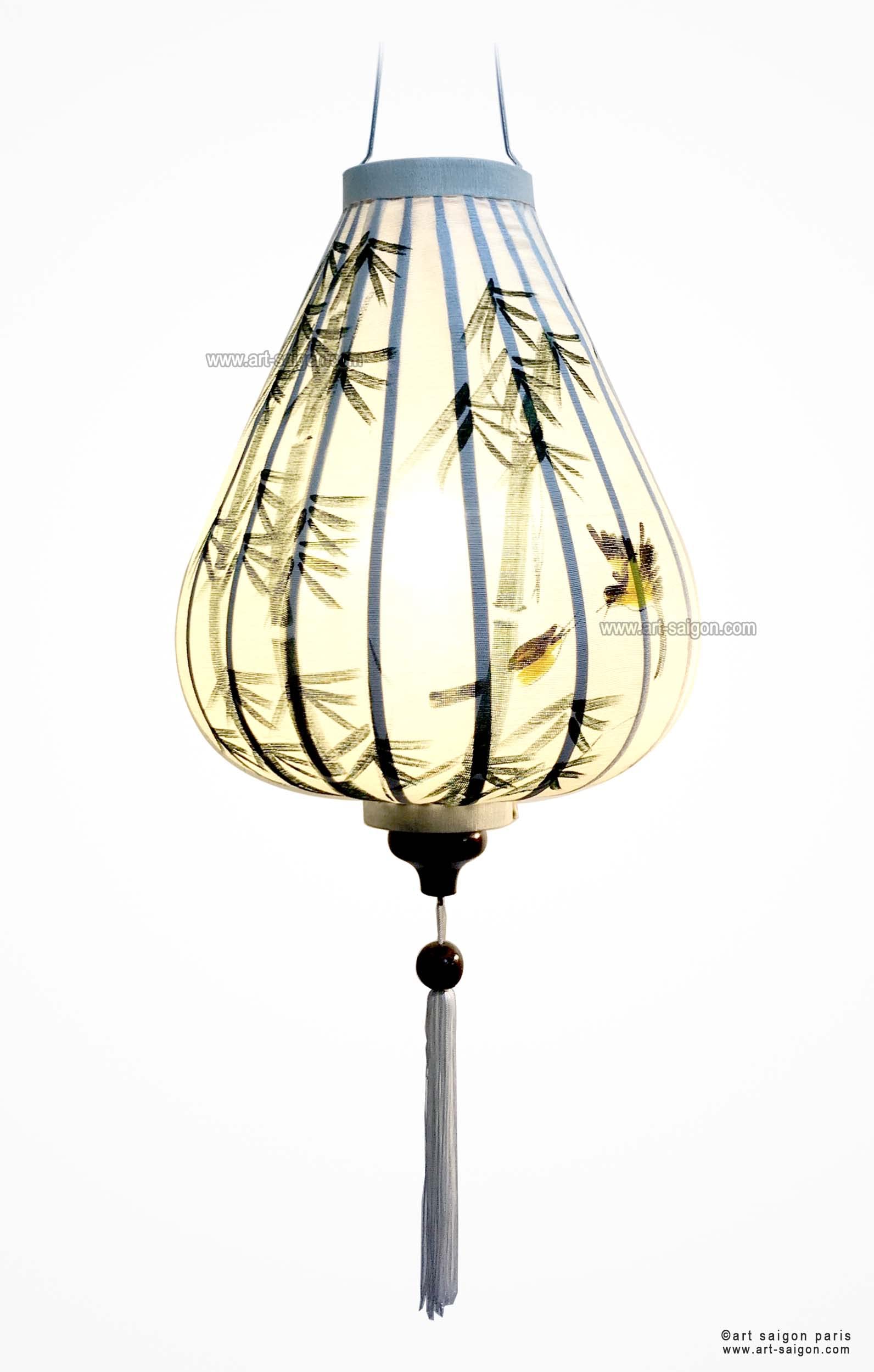 Asiatische Laterne aus Weißem Leinenstoff G - Durchmesser Ø33cm - Handbemalte Laterne mit Bambus und Vogelpaar Motiv - Dekoration und Kunsthandwerk aus Vietnam (G25-TRE)