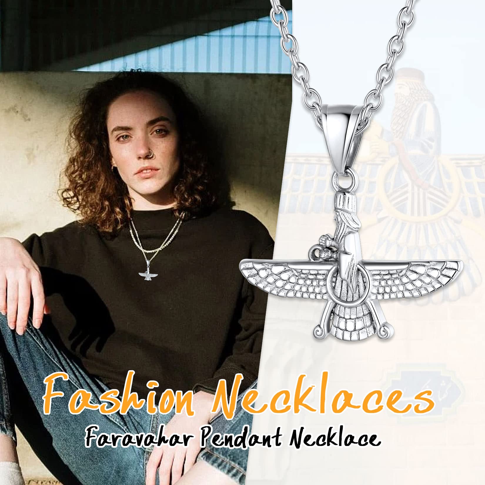 U7 Naszyjnik z Faravaharem, Faroharem ze stali nierdzewnej, amulet zoroastryzmu, irański, perski, modna biżuteria dla mężczyzn