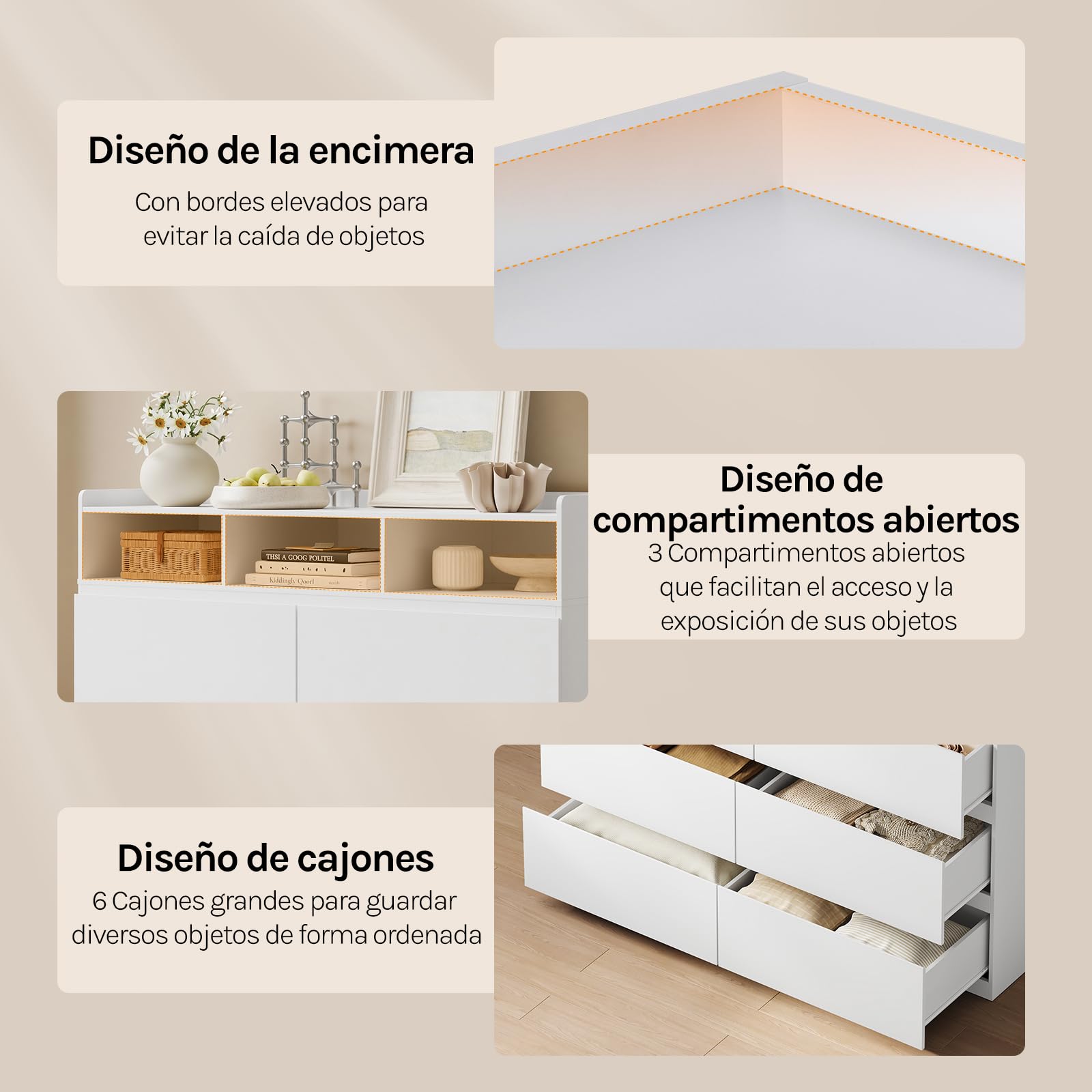 WOLTU Cajonera Cómoda, Cajonera Organizador de Almacenamiento | 6 Cajones y 3 Compartimentos Abiertos, Encimera Grande, para Dormitorio, Salón y Pasillo, 120x40x80 cm, Blanco