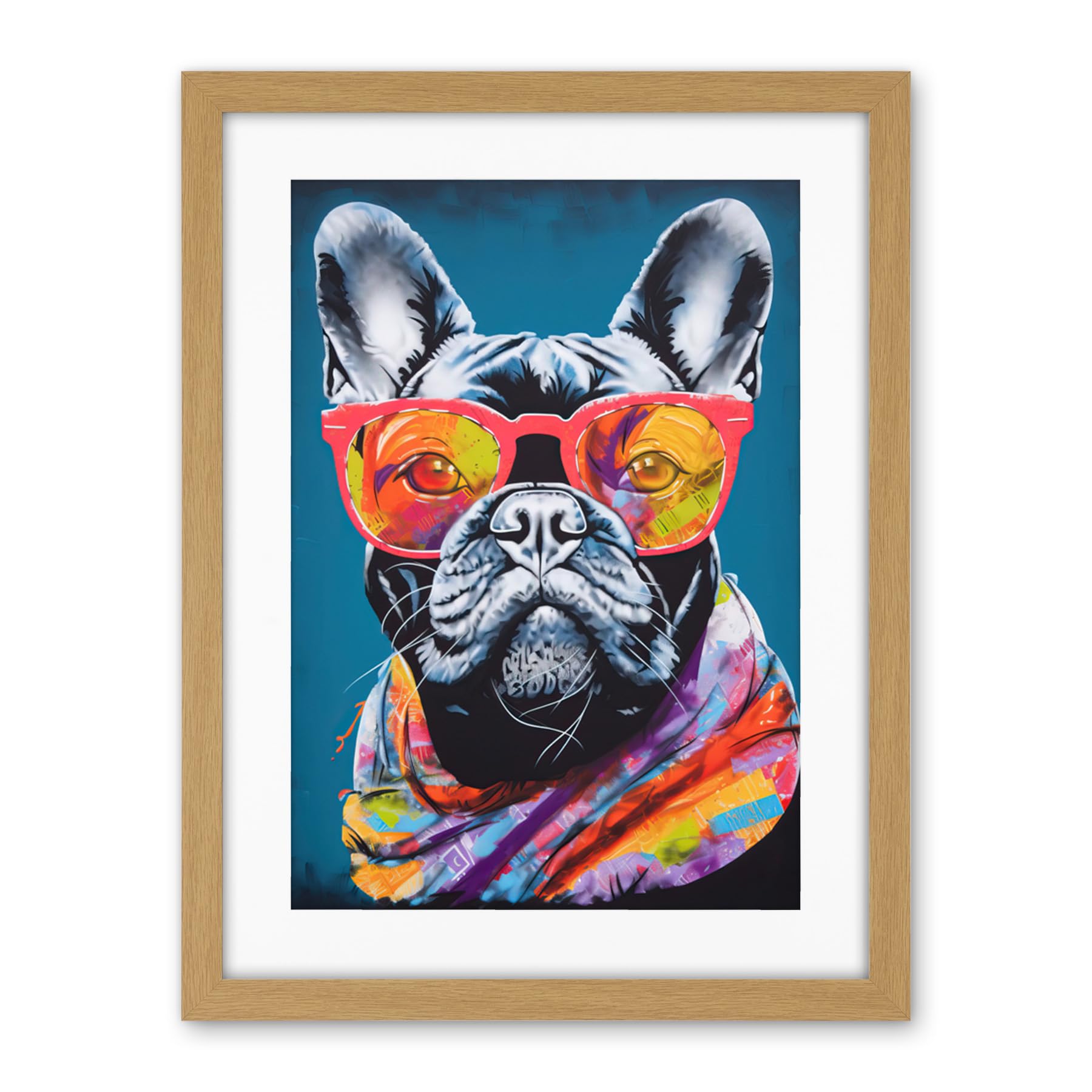 Artery8 English Bulldog with Neon Bandana and Sunglasses Artwork Framed Wall Art Print 18X24 Inch