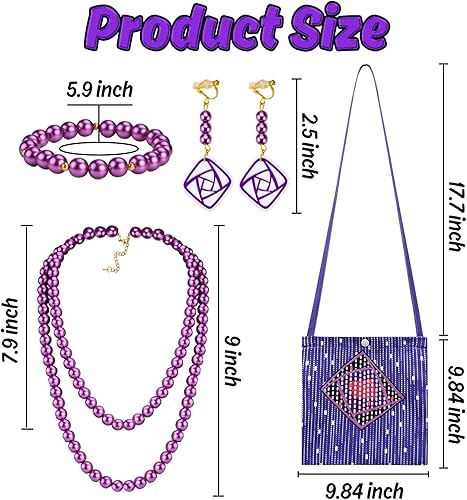 Miniatura 2 de 4 piezas de accesorios para disfraz de deseos, collar de capas moradas, pulsera de perlas de imitación, aretes con colgante de deseos, bolsa de