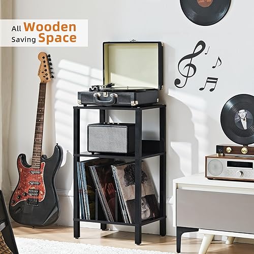 Miniatura 4 de LELELINKY - Soporte para tocadiscos, mesa de tres niveles con almacenamiento para vinilos hasta 100 álbumes, soporte para discos de vinilo, estante