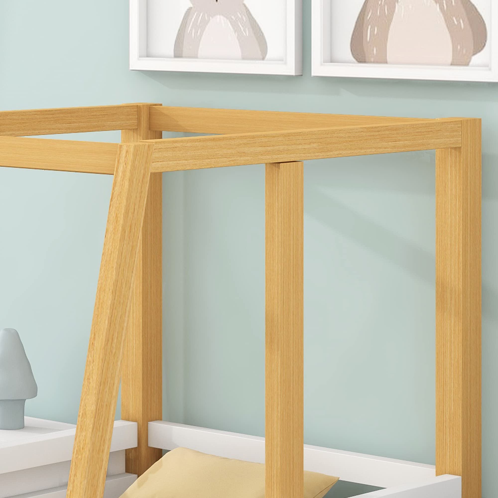 Merax Autobett Kinderbett 90x200cm, Bett mit Lattenrost und MDF-Rädern, Kinder Spielbett mit Rausfallschutz, Rahmen aus Kiefer, Kindermöbel, für Jungen und Mädchen, Weiß + Natur