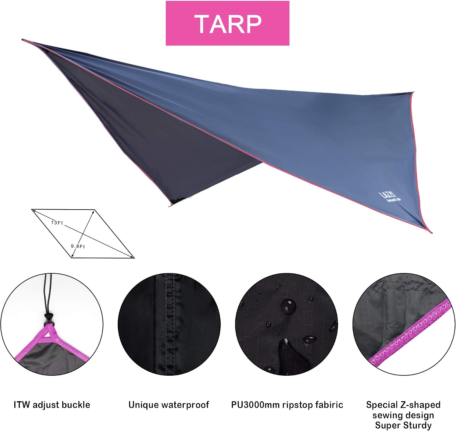 LAZZO Camping Hammock | Bundle Includes Net, Tarp, Tree Straps, Backpack | Weighs 4 Pounds, Perfect for Hammock Camping,Backpacking，Hiking | Lightweight Nylon Single Hammock