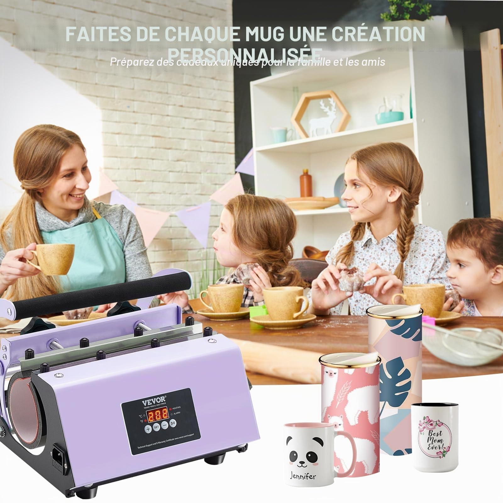 VEVOR Presse à Chaud pour Tasses 32,5-89 cL, Presse pour l'Impression de Tasse 75-87 mm de Diamètre, Machine de Sublimation avec Papier de Sublimation, pour Transférer Images sur Mug Gobelet, Violet