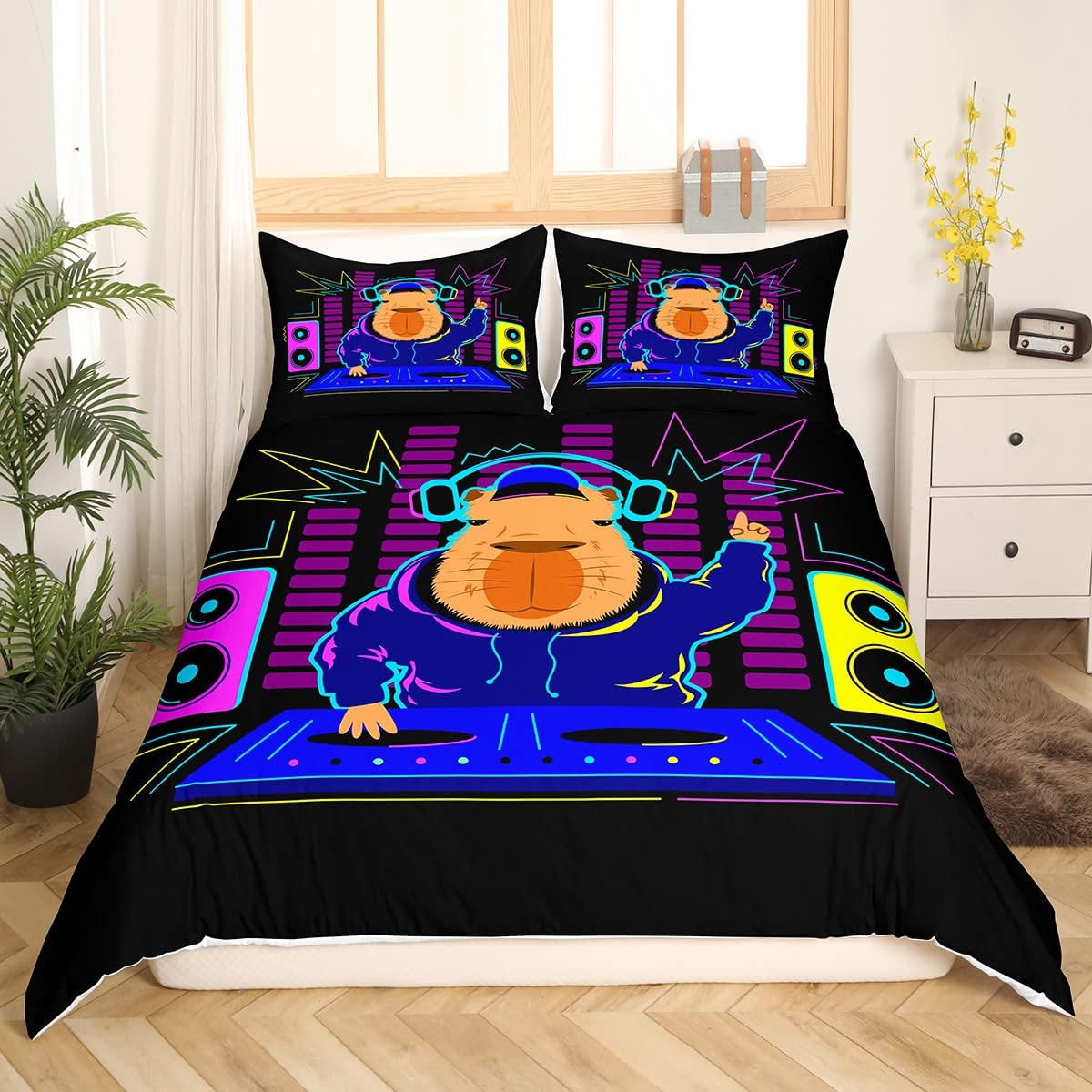 Cartoon Capybara Duvet Cover Set Double Size, Music Theme Comforter Cover with 2 Pillowcases - Image 3