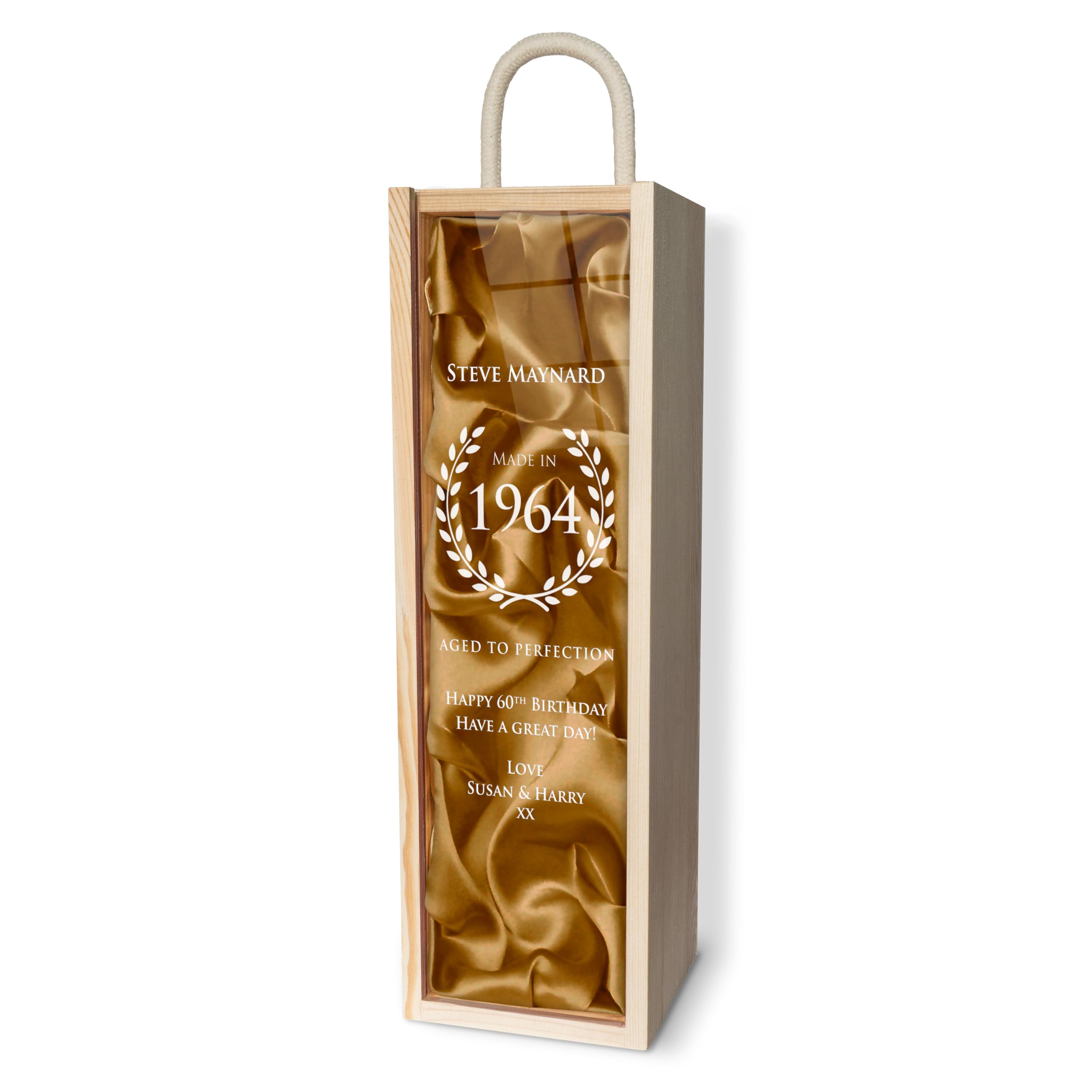 iCaseDesigner Engraved Personalised Wooden Wine Box with Acrylic Slide Lid & Gold Silk Lining - Aged To Perfection