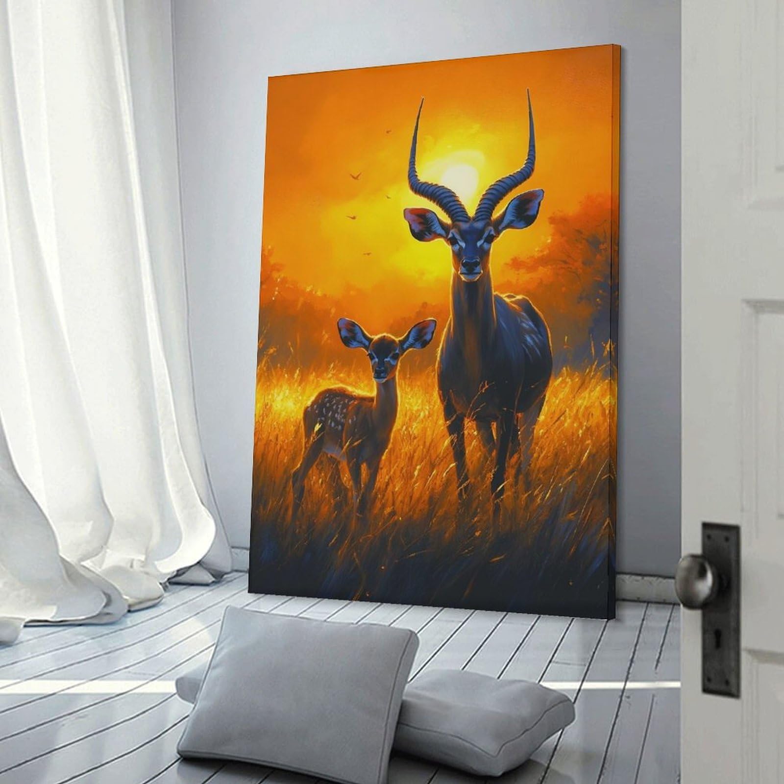 Junmoney Frame-Style-2 Canvas Art Print Antelope Family At Sunset, 24X36inch(60X90cm), For Office, Study Or Home Workspace, Wall Art That Adds Style To Work Areas