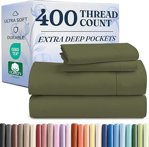 Juego de sábanas de 4 piezas con bolsillos extra profundos de 400 hilos, 100% algodón, 4 piezas, transpirable y refrescante, juego de sábanas de