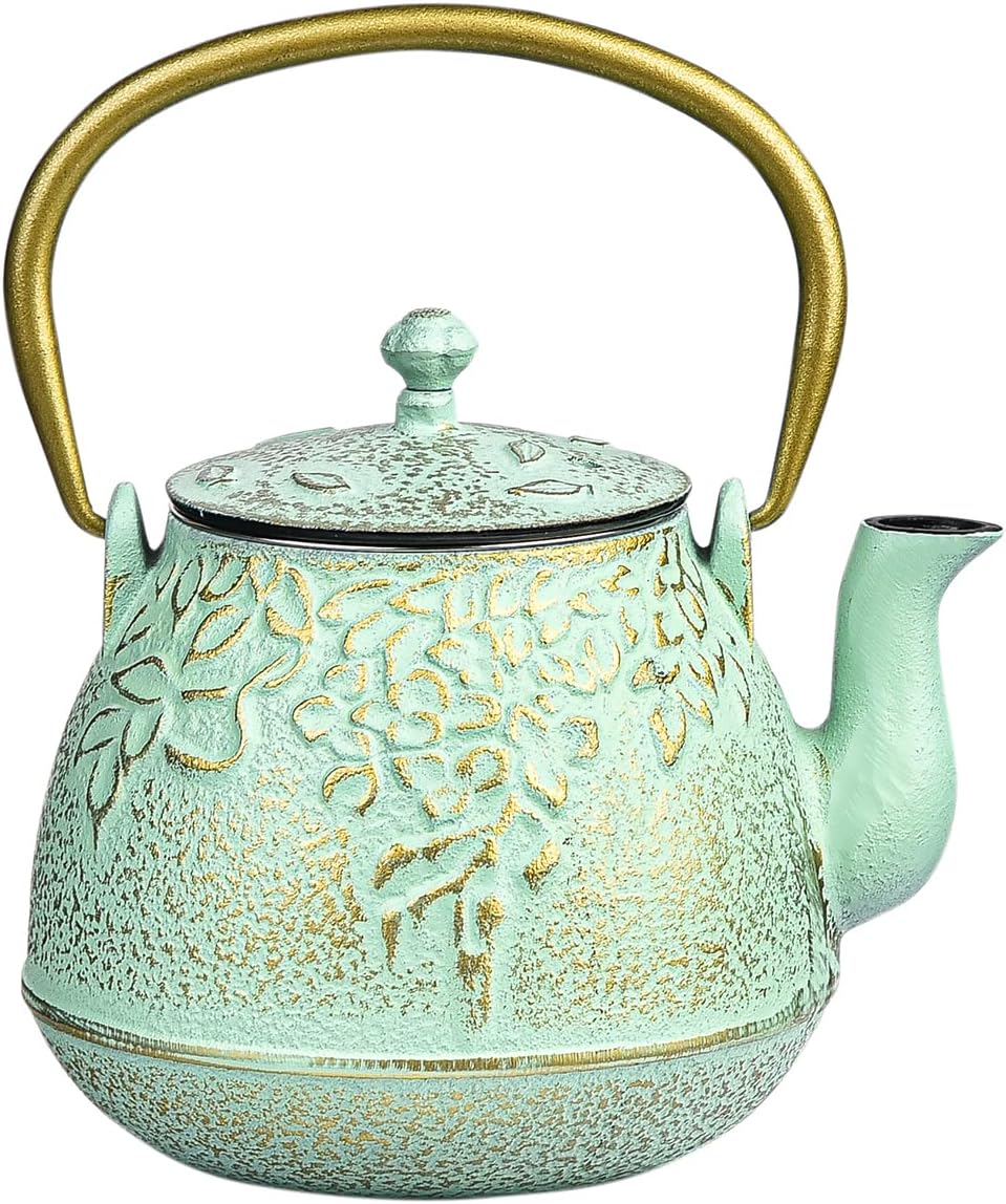Sungmor Cast Iron Japanese Tetsubin Tea Kettle with Infuser - Stovetop Safe, Enameled Interior - 32 Ounce Light Green Teapot with Salix Leaf Pattern