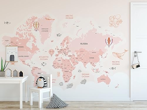 Miniatura 3 de Murwall Papel tapiz infantil de mapa del mundo para niñas, mural de pared rosa con mapa del mundo, para guardería, mapa de dibujos animados, arte de