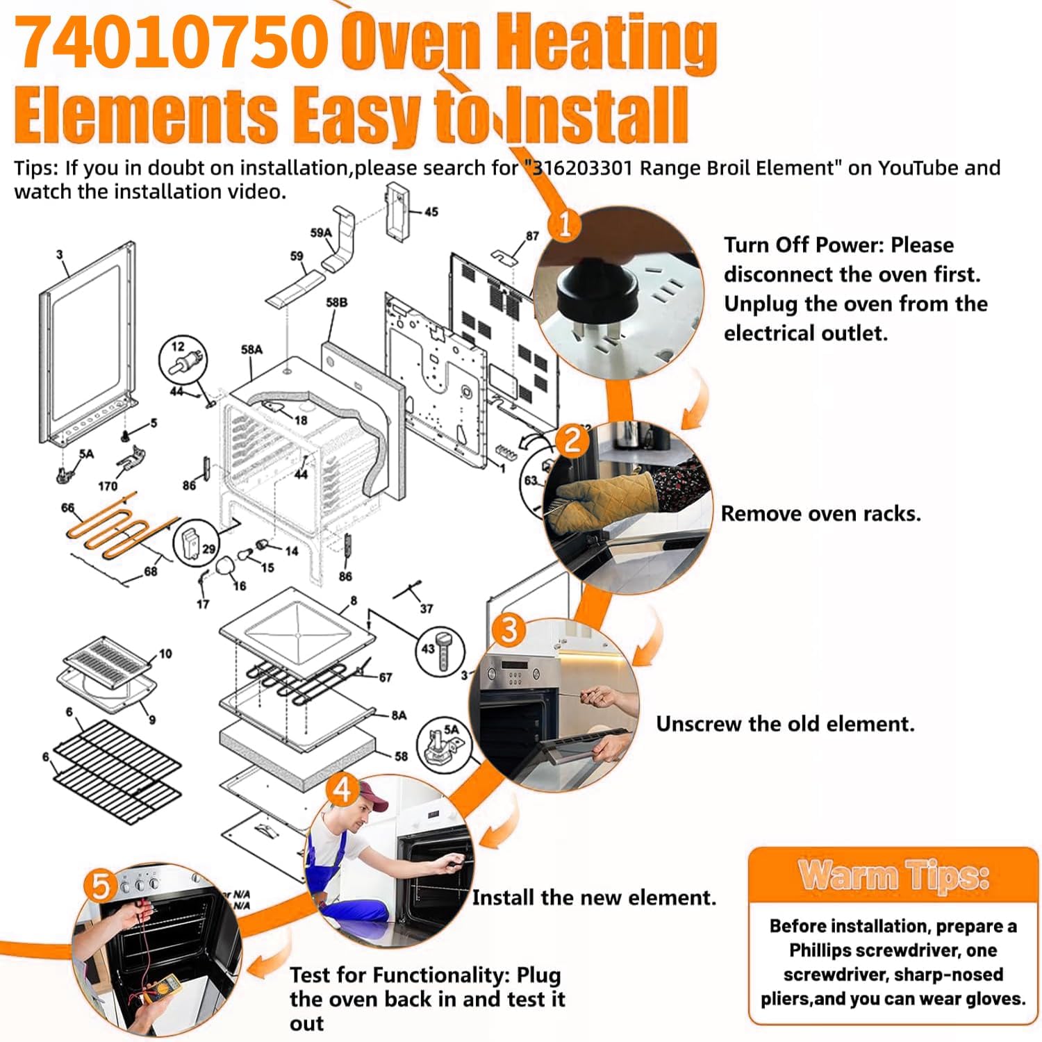 74010750 WP74010750 Oven Broil Element Compatible With for Jenn-Air Electric Slide-In Range,Replacement 74003039,7406P425-60,WP74010750VP,1184162,AP6011209,PS11744404,EAP11744404