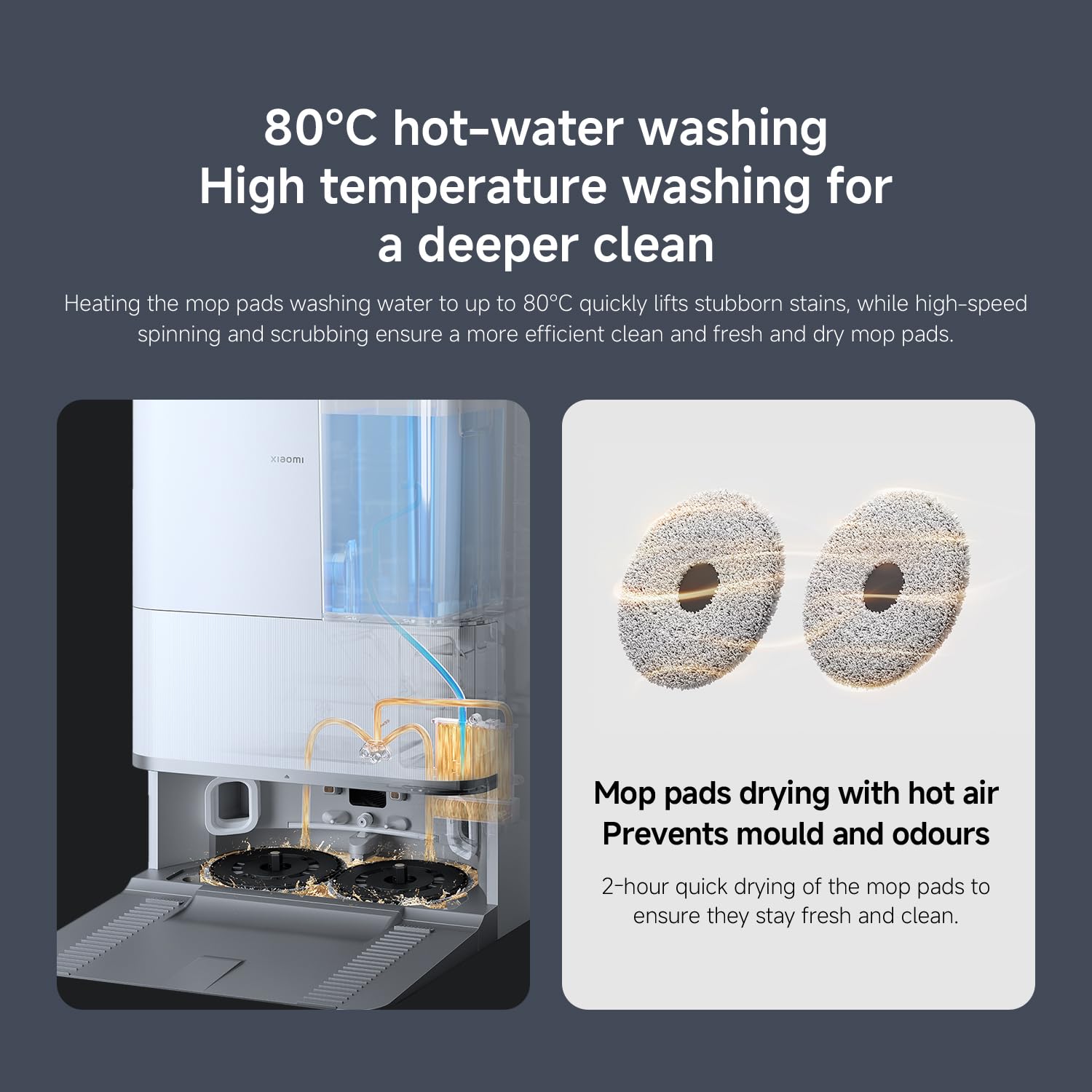 Self-cleaning base station with 80°C hot-water mop washing and hot air drying features