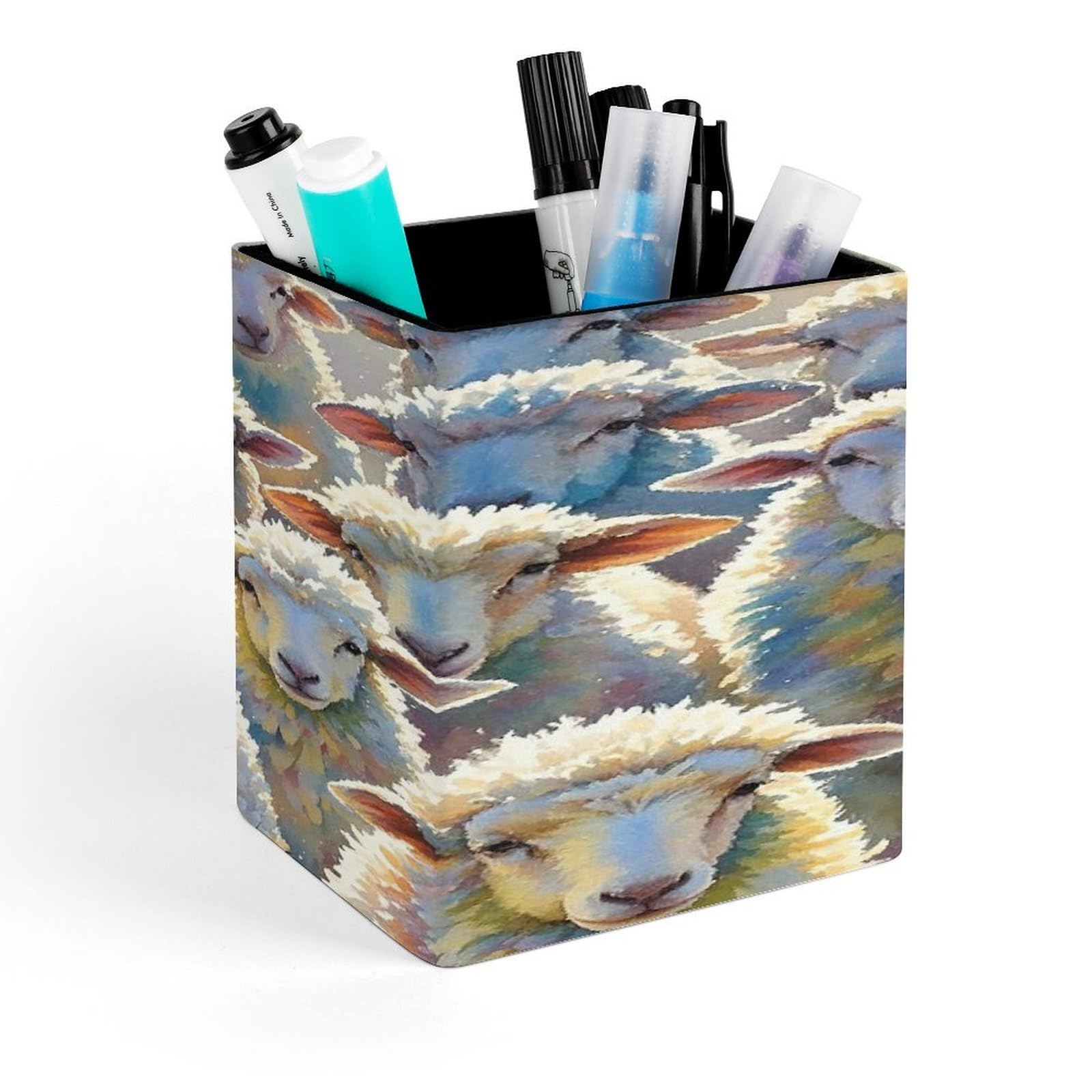 FekiLoot Watercolor Sheeps Pencil Holder for Desk Square Leather Pen Holder Cup Desktop Organizer Multi-Functional Pencil Cup Holders Modern Decorative Desk Organizer Caddy Makeup Brush Holders