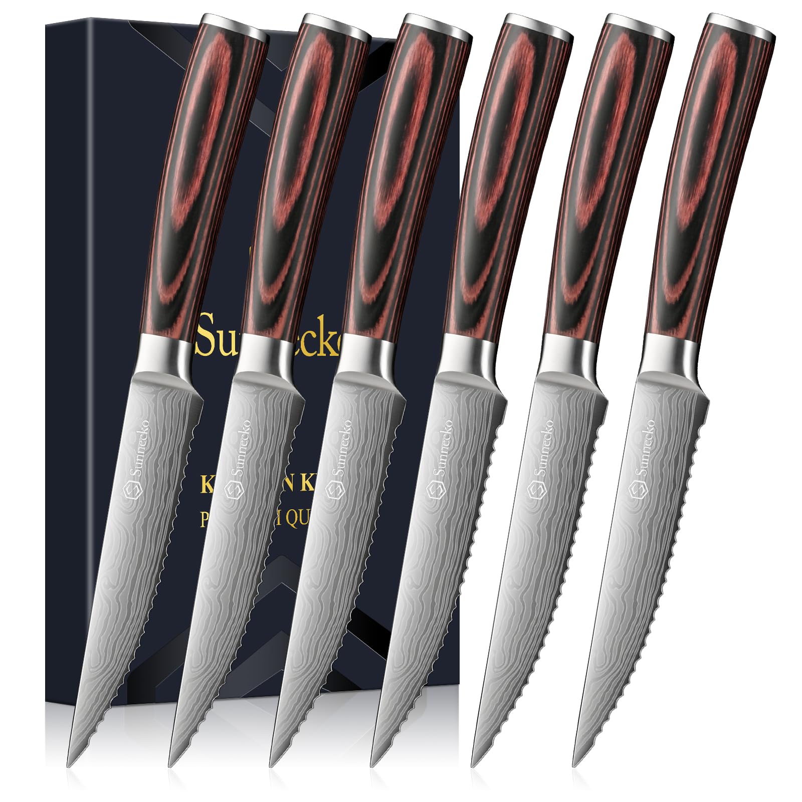Sunnecko Steak Knives Set of 6,Premium Stainless Steel Serrated Steak Knife Set,Pakkawood Handle 4.5 Inch Kitchen Steak Knife with Gift Box