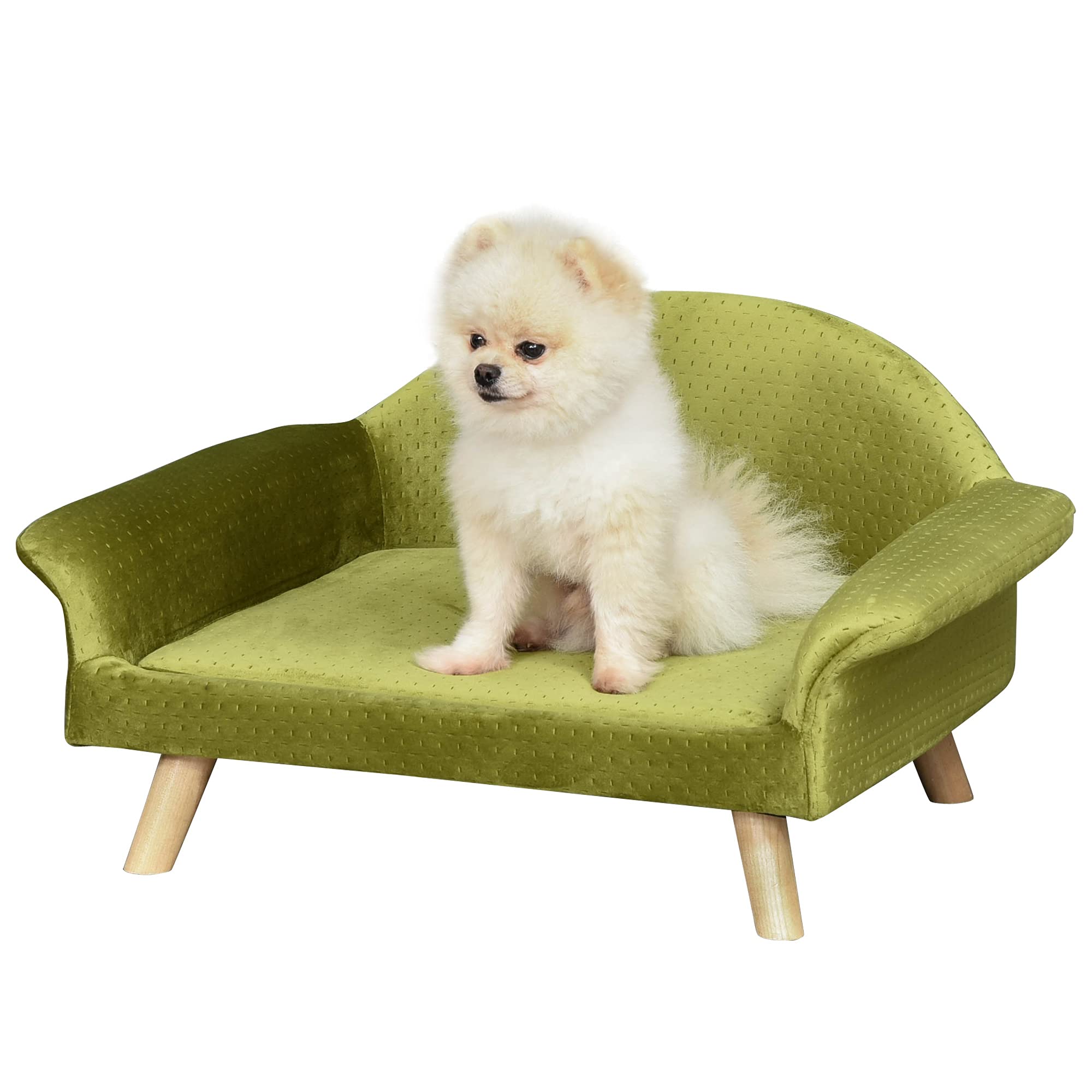 PawHut Sofá Cama para Mascotas Sofá para Perros Gatos con Cojín Acolchado Extraíble Patas de Madera 73 x 58 x 37 cm Terciopelo Latón
