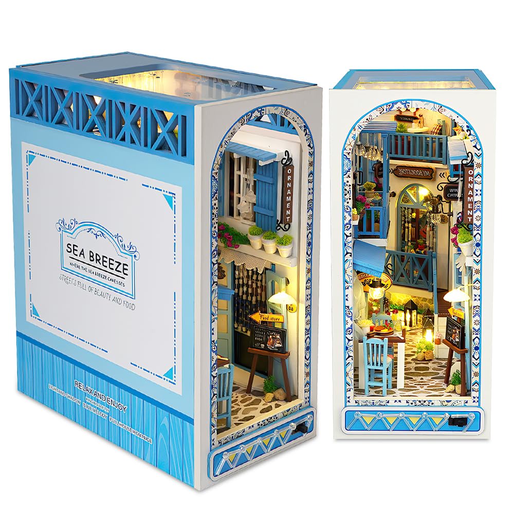 YANGUN DIY Book Nook Kit, 3D Wooden Puzzle House, DIY Miniature Dollhouse Kit with LED Light, Model Kits for Adults to Build, Creative Bookends Building Model Kit Gift for Teens (Sea Breeze)