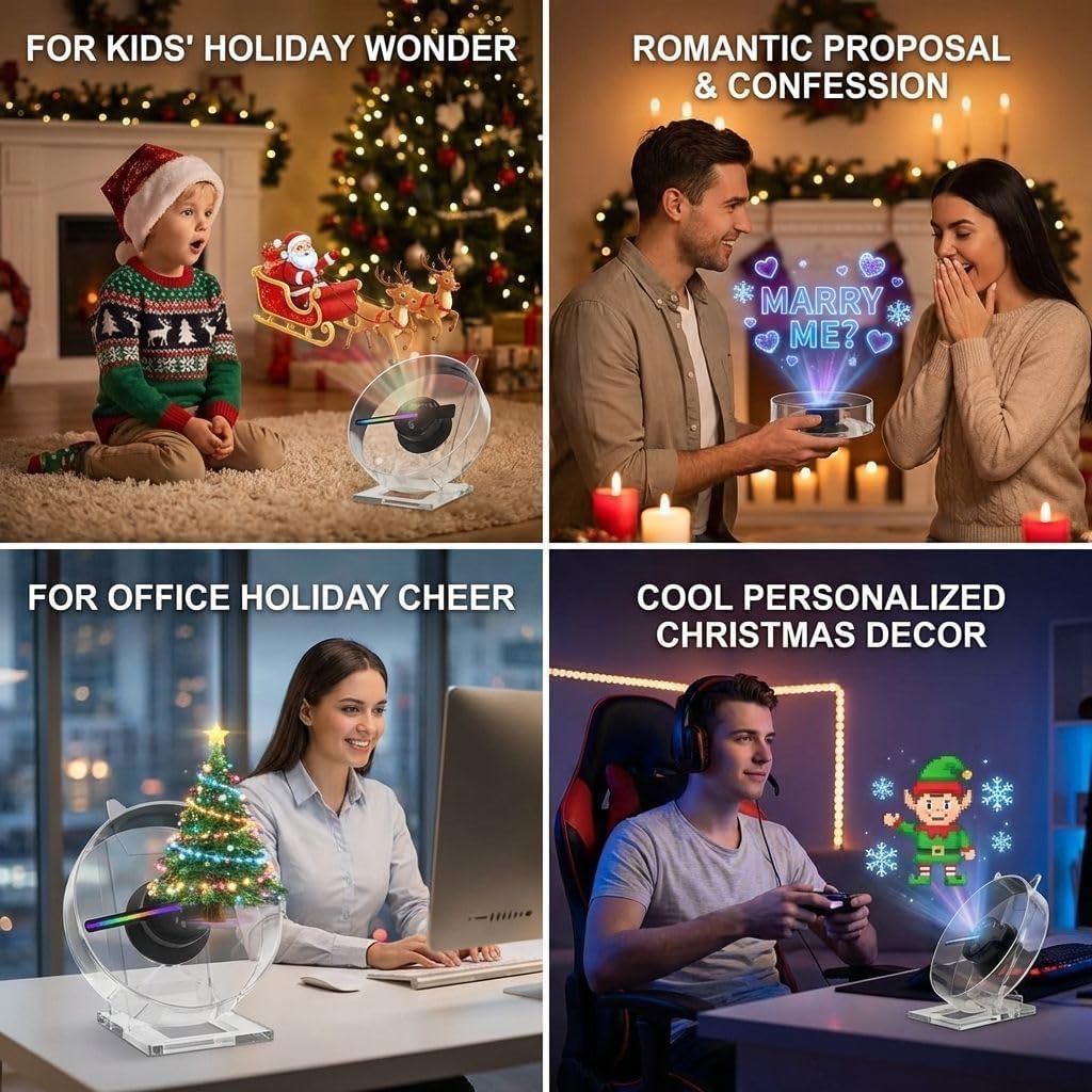 4.7 Inch 3D Hologram Fan with WiFi, Protective Cover, 48 LED Beads, Mini Tabletop Holographic Display with Remote Control for Desk, Counter, Reception Desk, Holiday Decor