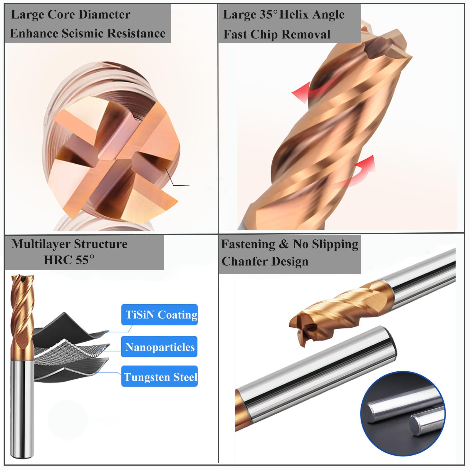 5 Stücke Fräser Schaftfräser Hartmetall 4-Flöte, 6-12mm CED TiSiN Coat Spiralfräser Bit VHM CNC Bohraufsätze/Schaftfräser Bit, 55 HRC Schneide Drill Fräser Bit für Stahl, Aluminiumlegierung, Kupfer