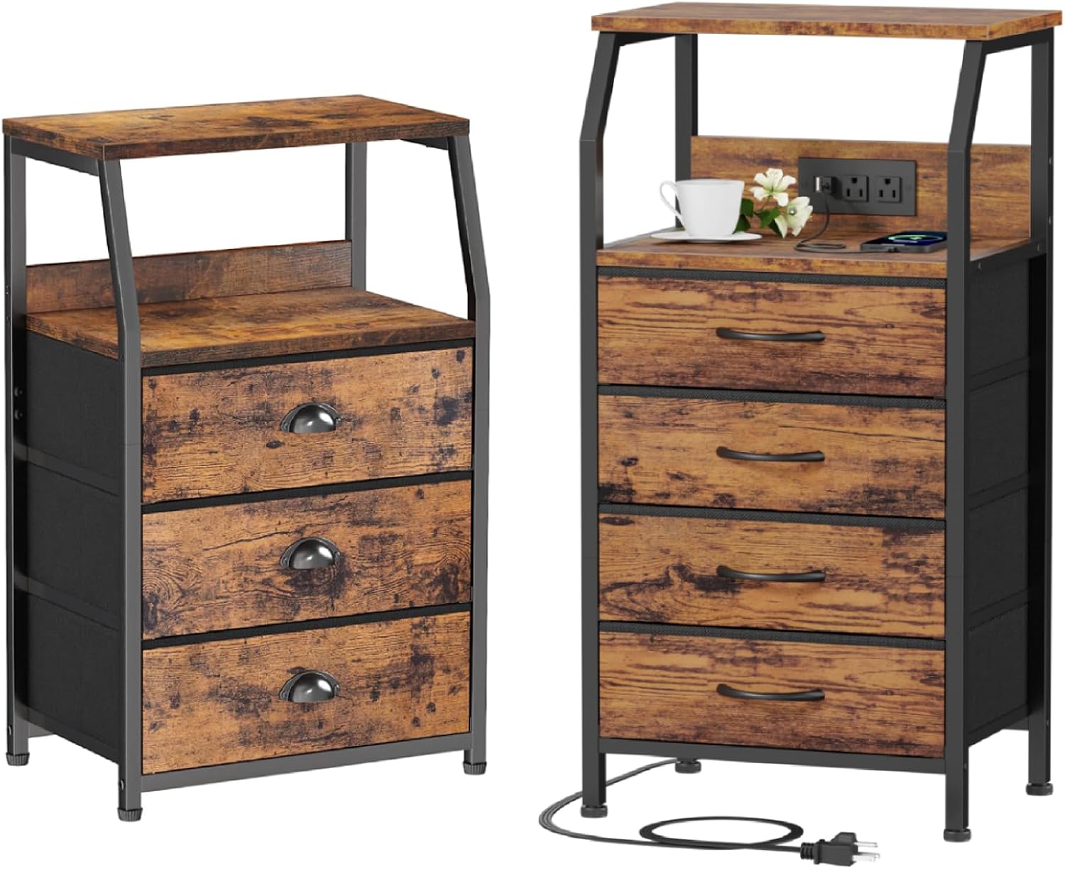Nightstands Set of 2, Nightstand with 3 Drawers and 2-Tier Shelf + Night Stand with Charging Station