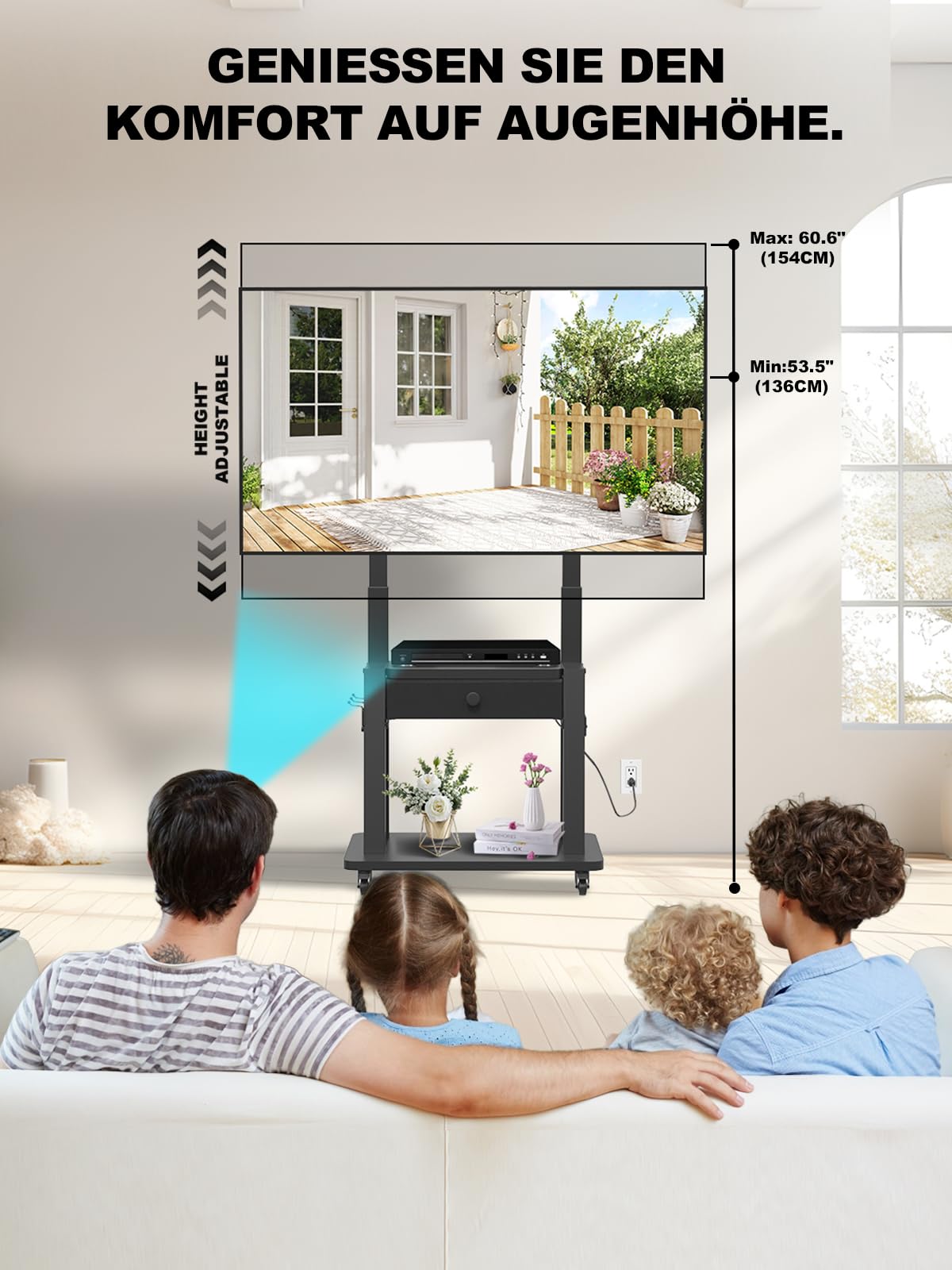 Rollbarer TV-Ständer mit Steckdose und Stoffschublade für 32-75" Flach/Curved TV bis 100kg, höhenverstellbar, mobiler Fernsehwagen, für Home Office, VESA Norm 600 x 400mm, Schwarz Schwarz