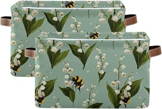 Plaaee Storage Basket Open Home Organizer Bins Storage Baskets with PU Handles Bumblebee Lily Collapsible Organizing Box for Closet & Shelf 1pack