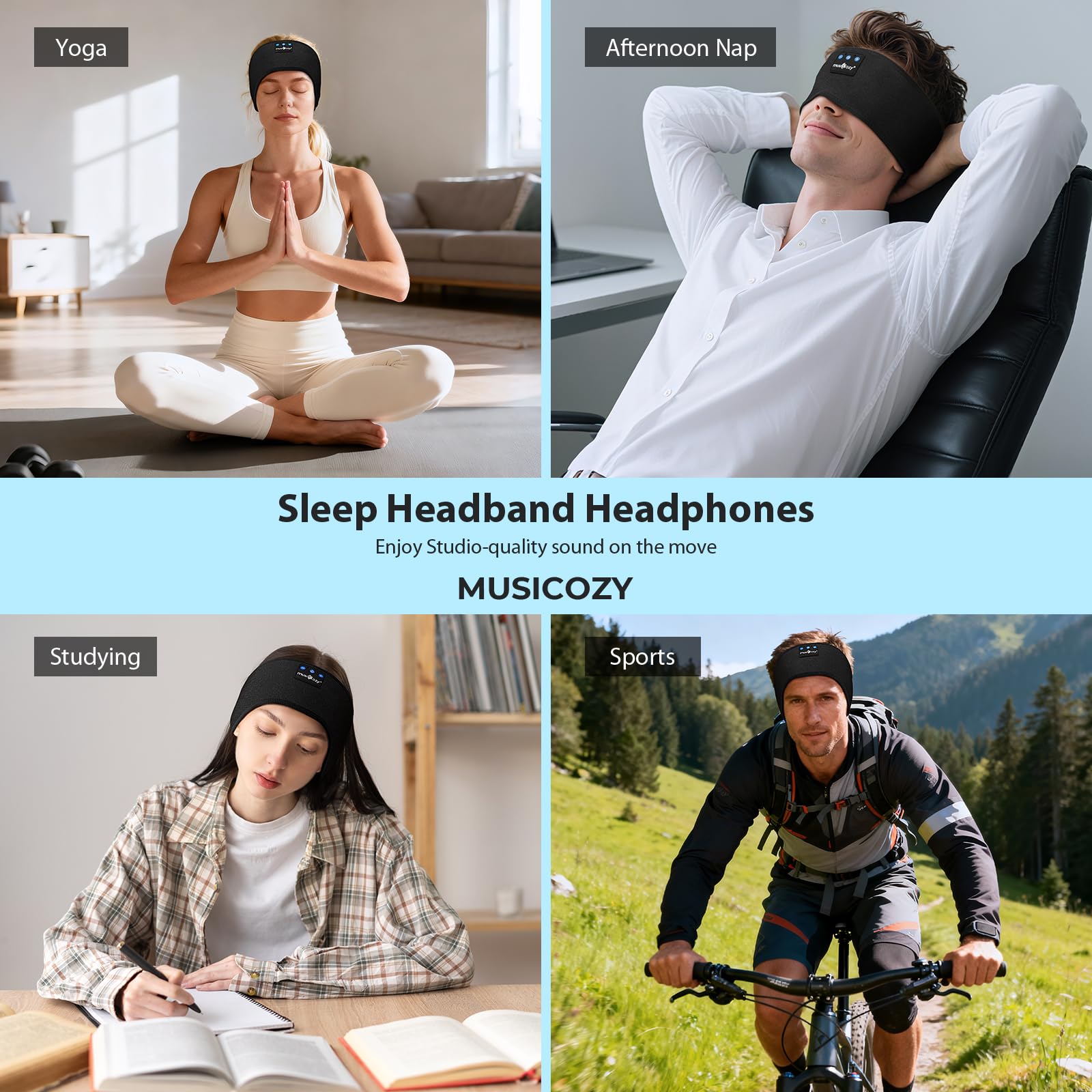 MUSICOZY Cuffie per dormire sul fianco, cuffie Bluetooth ultra morbide, comode senza pressione sull'orecchio, per dormire tutta la notte, rimangono in posizione, 16 ore di riproduzione, Bluetooth 5.4