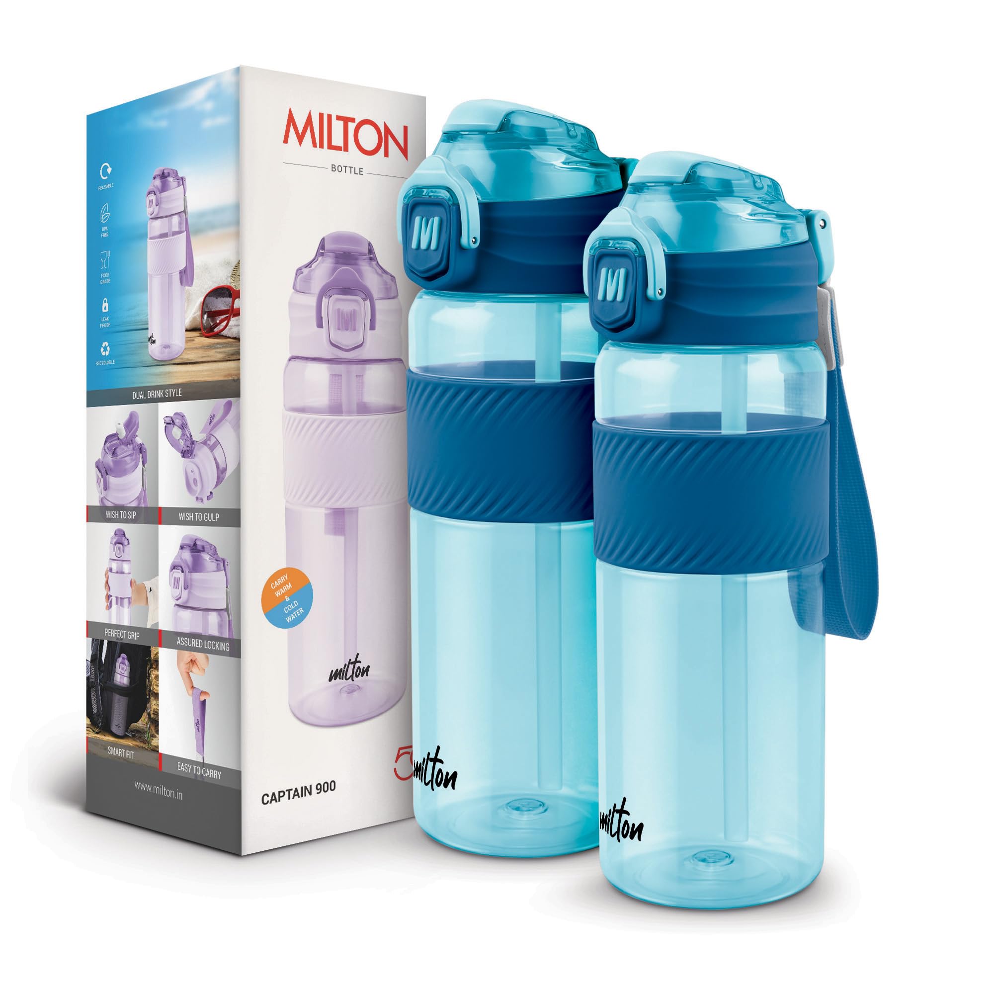 MILTON Captain Unbreakable Plastic Water Bottle 850 ml Sip Plus Gulp,BPA-Free & Leak-Proof with Hand Strap,Ideal for Gym Workouts,Outdoor Adventures,School & Office Durable & Convenient,set of 2,Blue