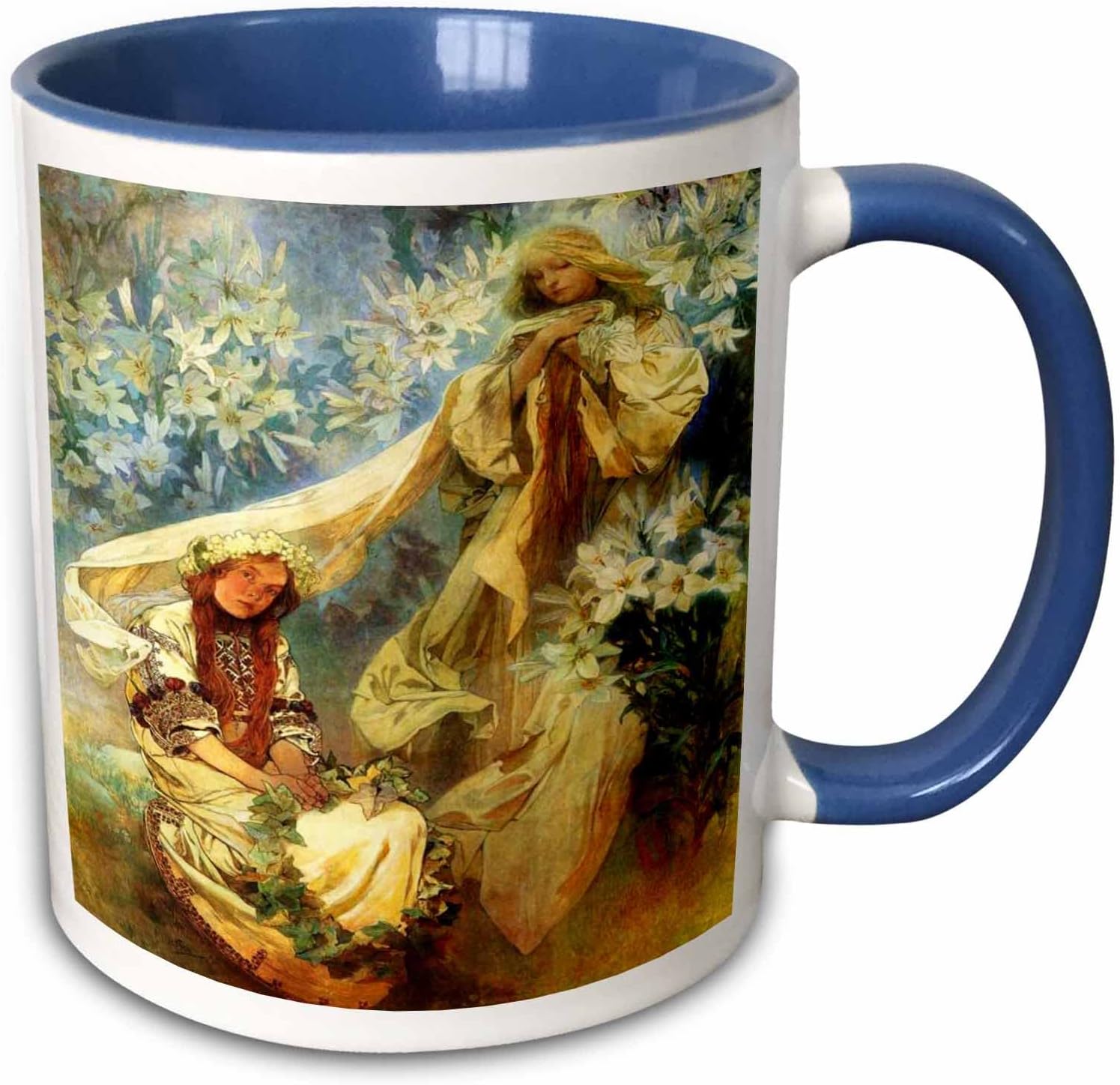 3dRose Alphonse Muchas Painting Madonna Of The Lillies 15oz Two-Tone Blue Mug