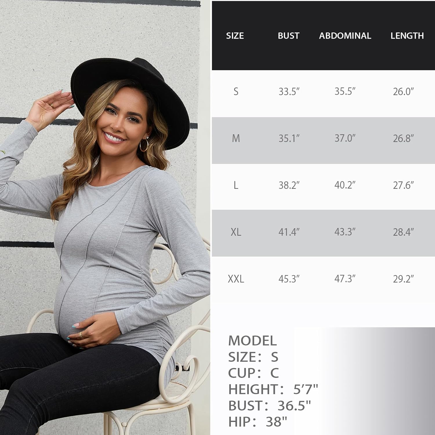 DEBELLY Maternity Long Sleeve Shirt Pleated Crew Neck Pregnancy Top for Women Side Ruched Work Lounge - Image 6